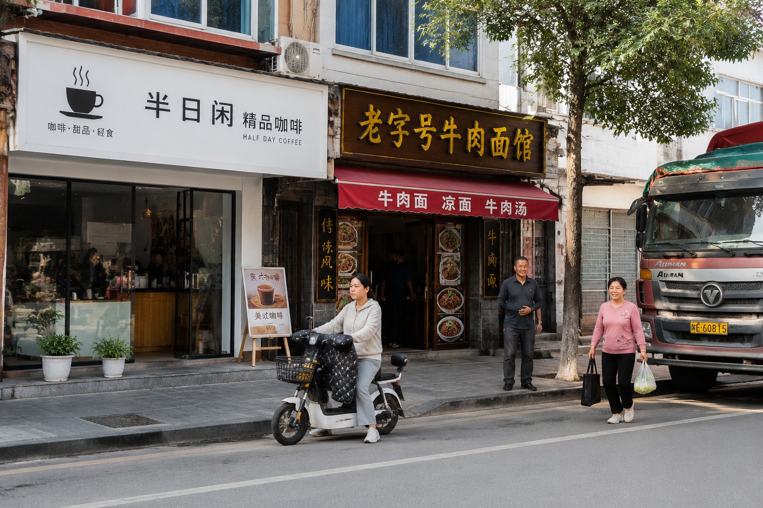 The $5 Cup of Coffee in Rural China: Understanding the County-Level Consumption Upgrade 25 A county town street in China where a specialty coffee shop sits beside a traditional noodle restaurant