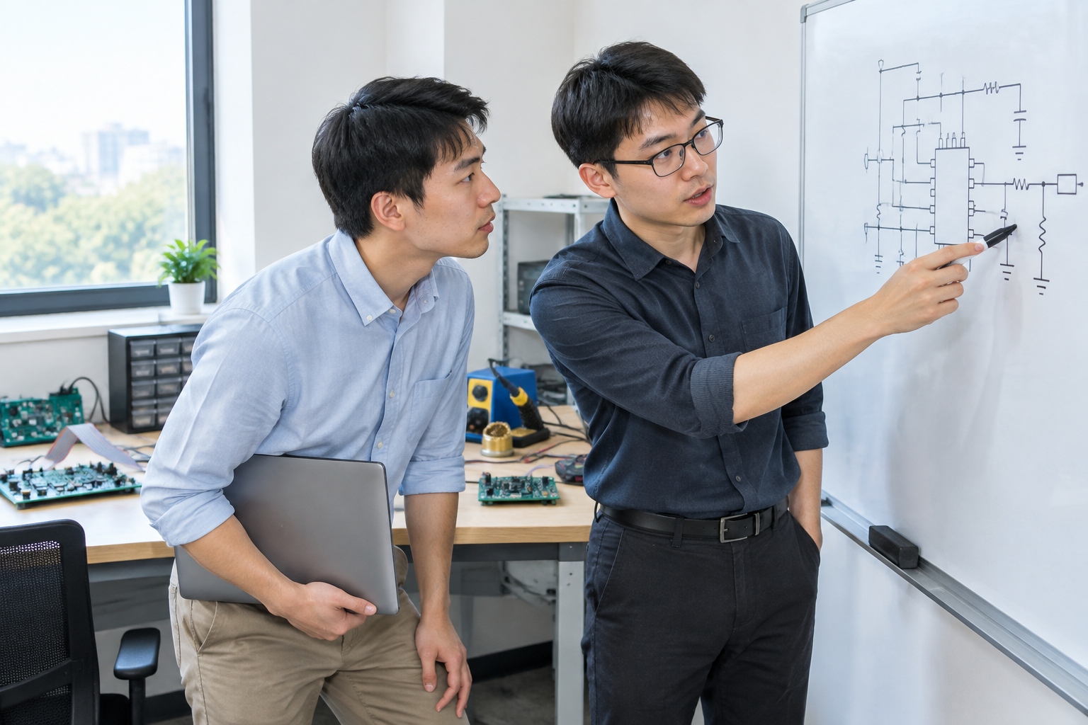 Two Chinese engineers discussing a hand-drawn circuit diagram at a whiteboard in a hardware lab