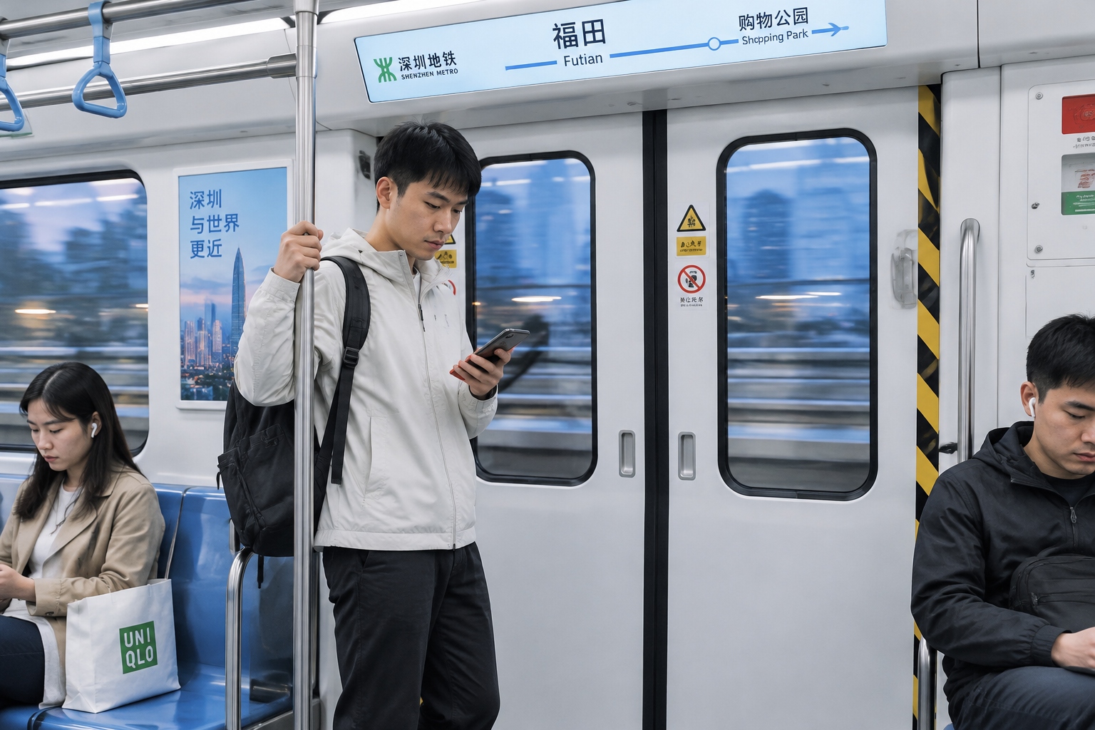 Young Chinese engineer checking his phone while commuting on the Shenzhen metro in the evening