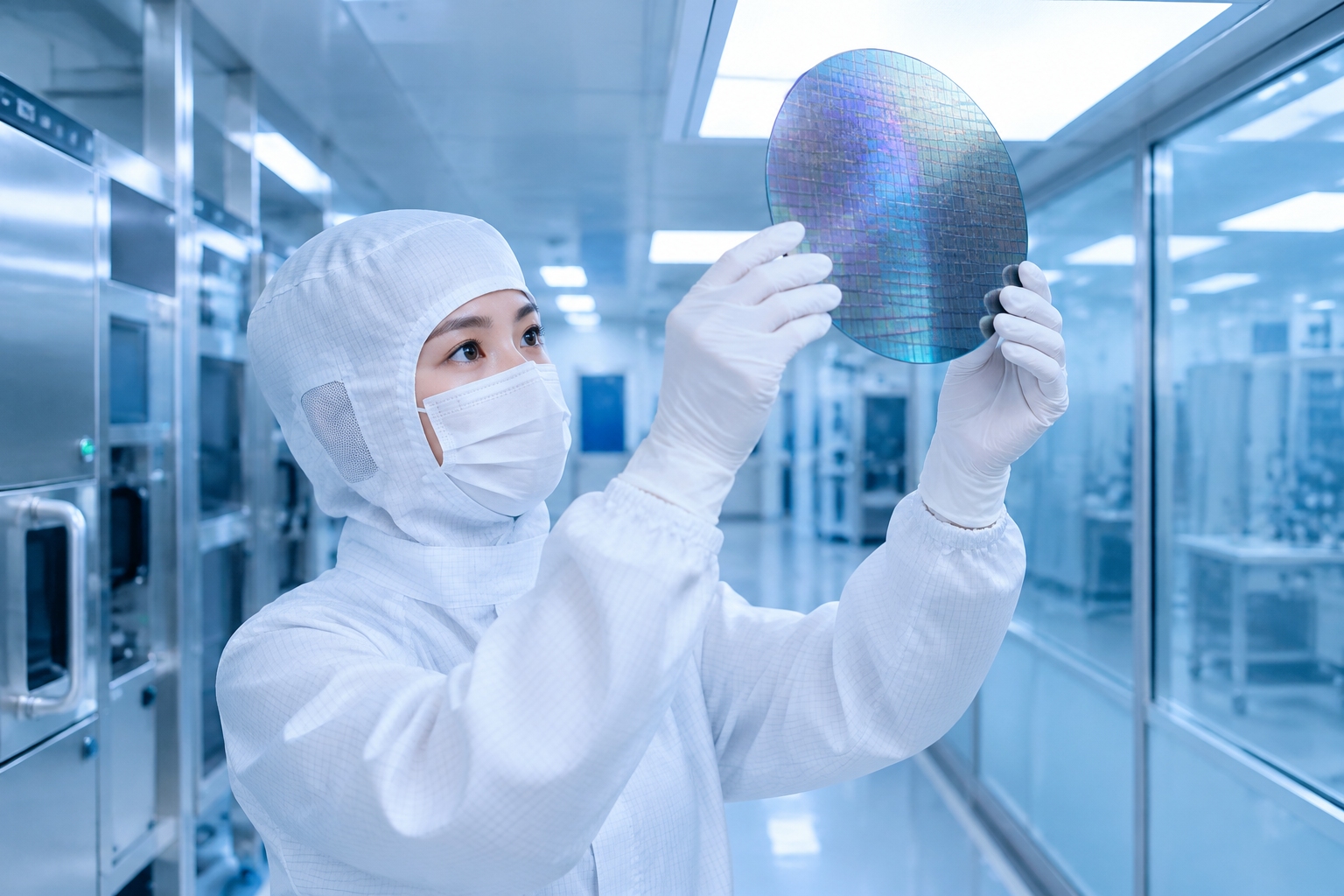 Engineer in cleanroom gear inspecting a silicon wafer under a light panel in a chip fabrication lab