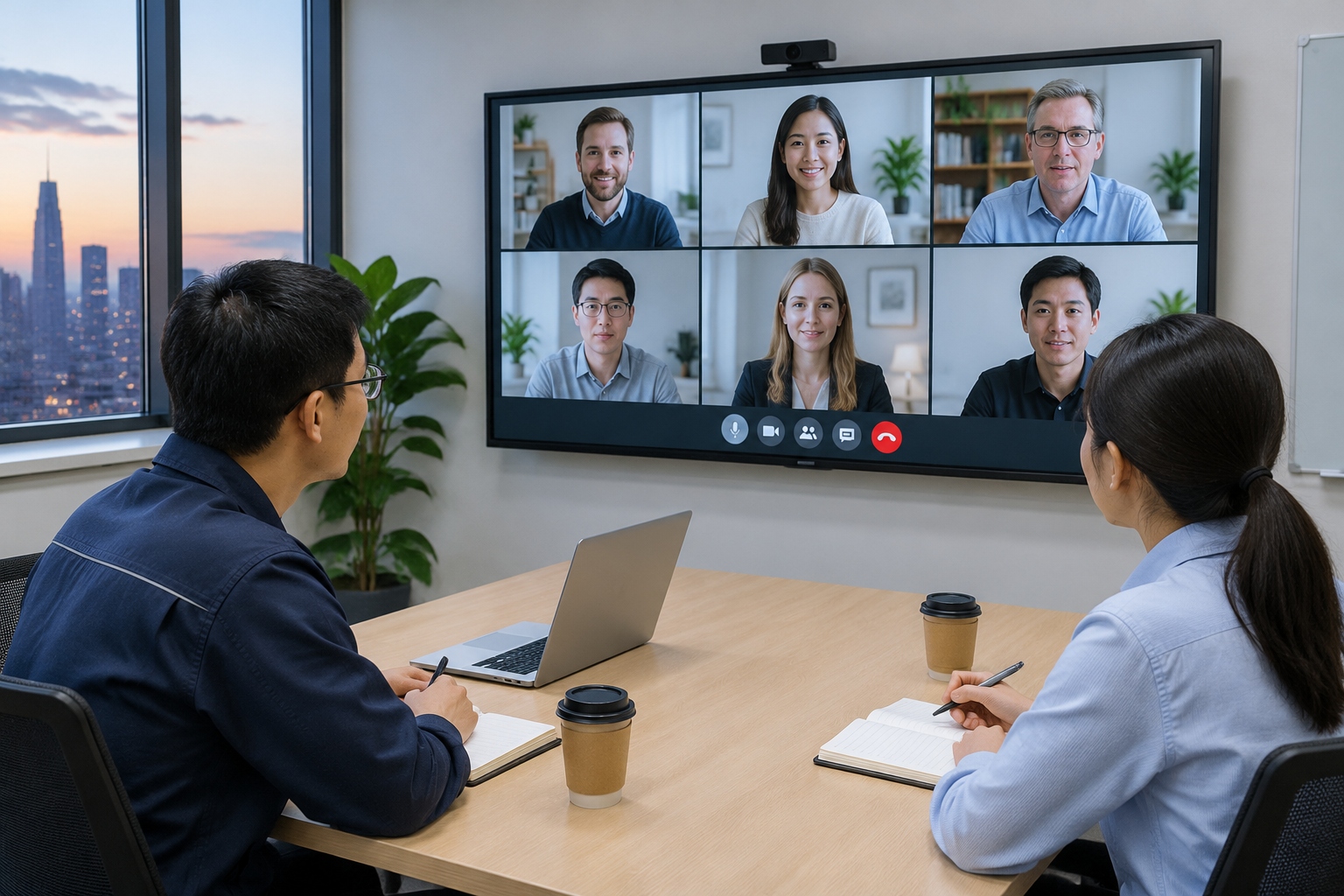 Two engineers in a Chinese office on a video call with international colleagues shown on a wall screen