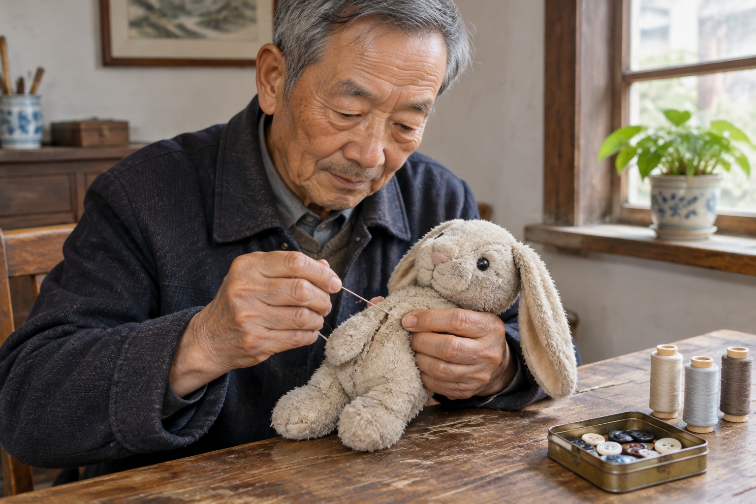 Close-up of an elderly toy repairman's hands stitching a torn plush rabbit with matching thread at a wooden workbench in Chengdu