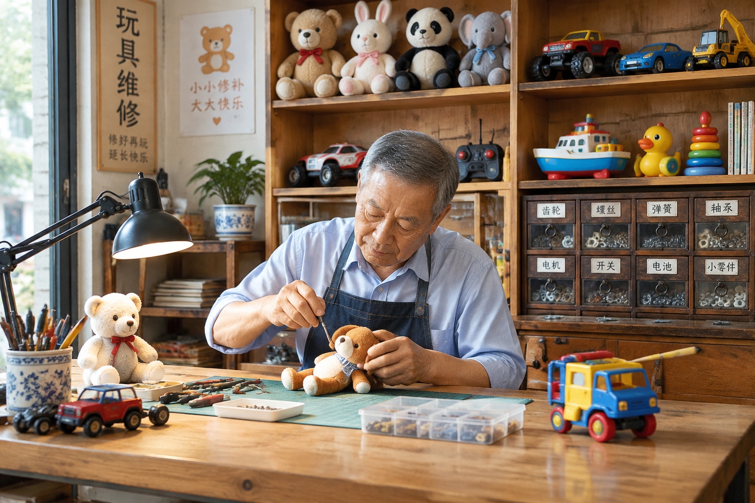 Interior of a small Chengdu toy repair shop lined with repaired plush animals and a cabinet of salvaged toy parts