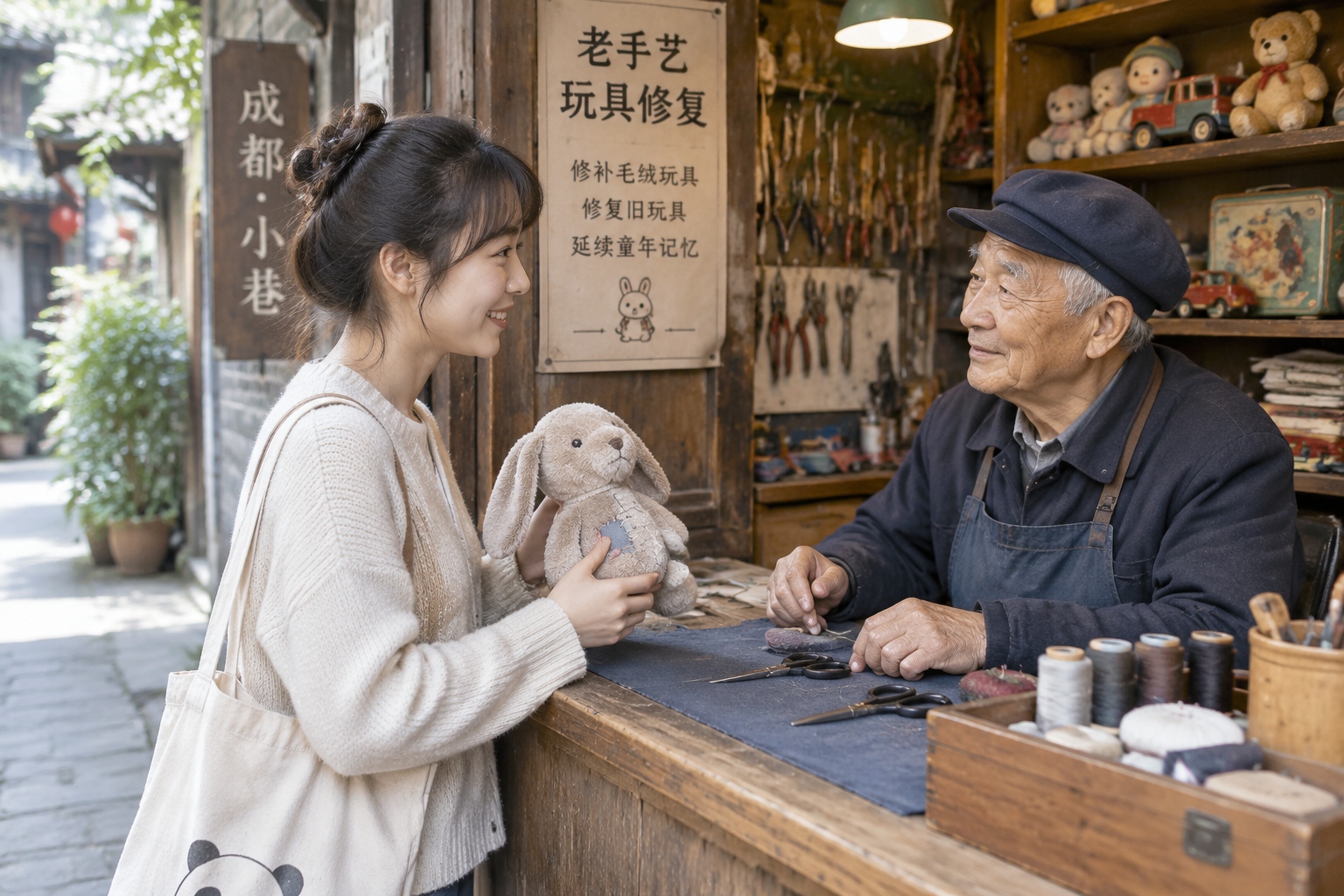 A young woman holding a repaired plush rabbit at a Chengdu toy hospital counter while an elderly repairman looks on
