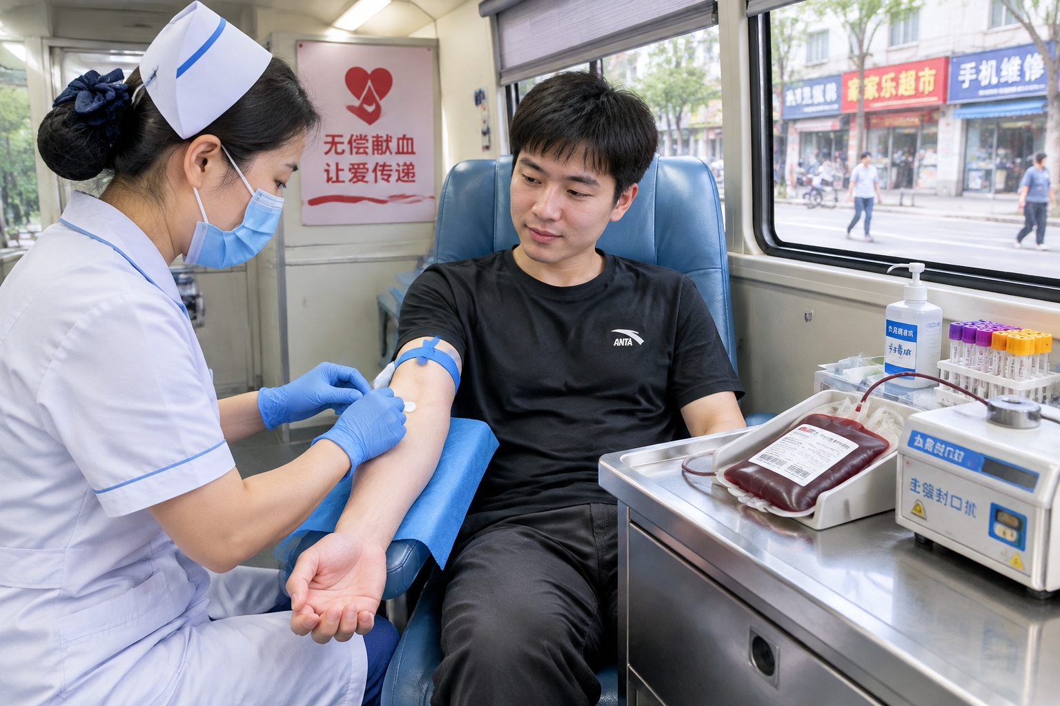 A nurse swabbing a young donor's arm inside a mobile blood donation van on a city street in Shenzhen, preparing for a whole-blood donation.