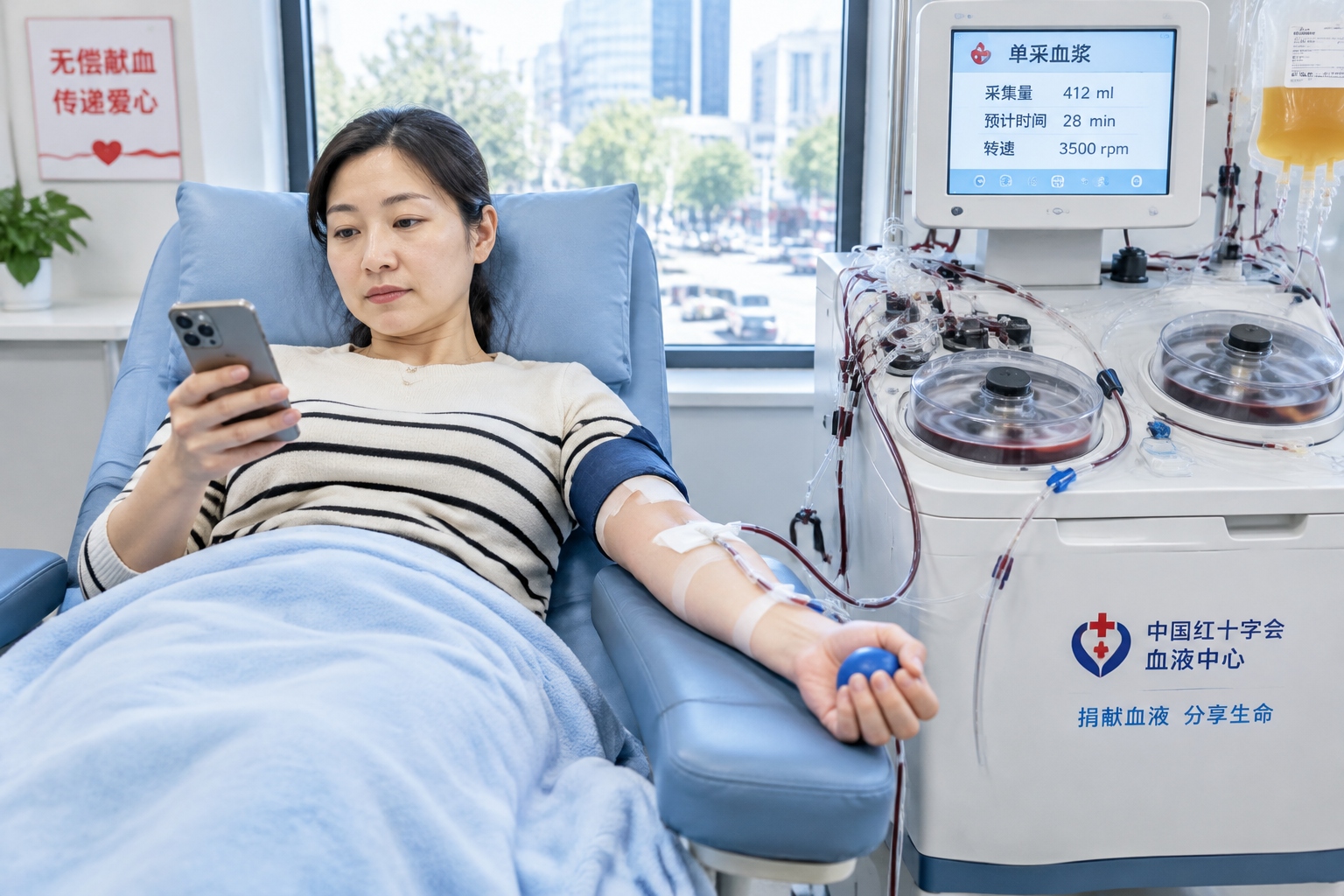 A woman in her forties donating platelets on an apheresis machine inside a bright blood donation house in Futian, Shenzhen, holding her phone during the one-hour procedure.