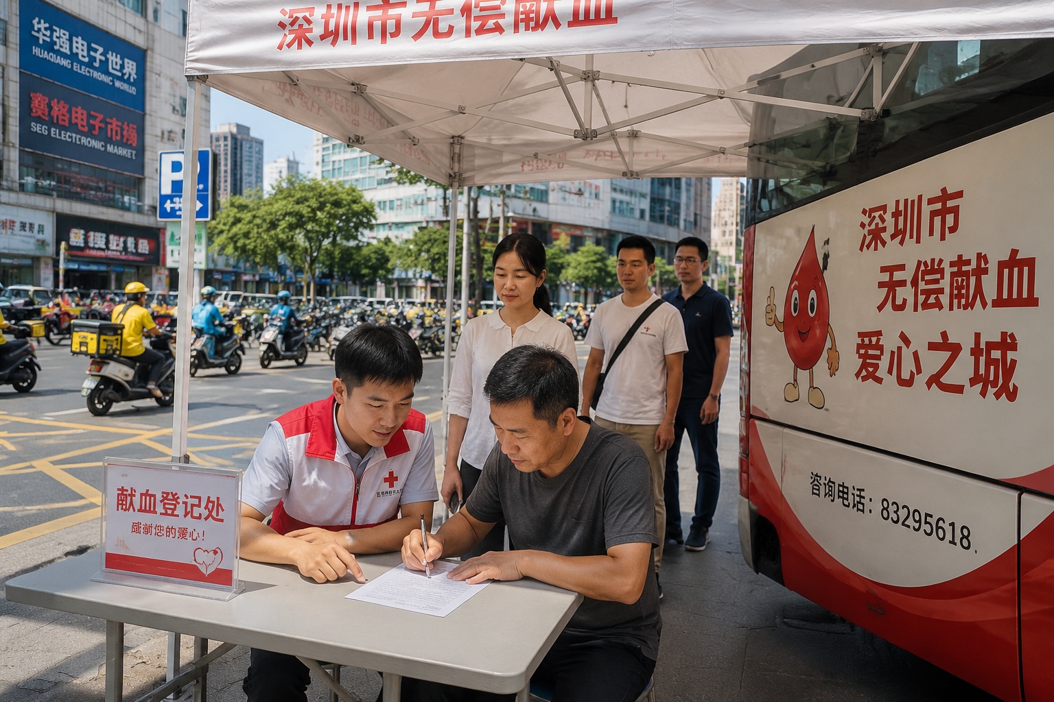 A volunteer in a vest helping a middle-aged man fill in a form at a street-side blood donation point in Shenzhen, with other donors queuing nearby.