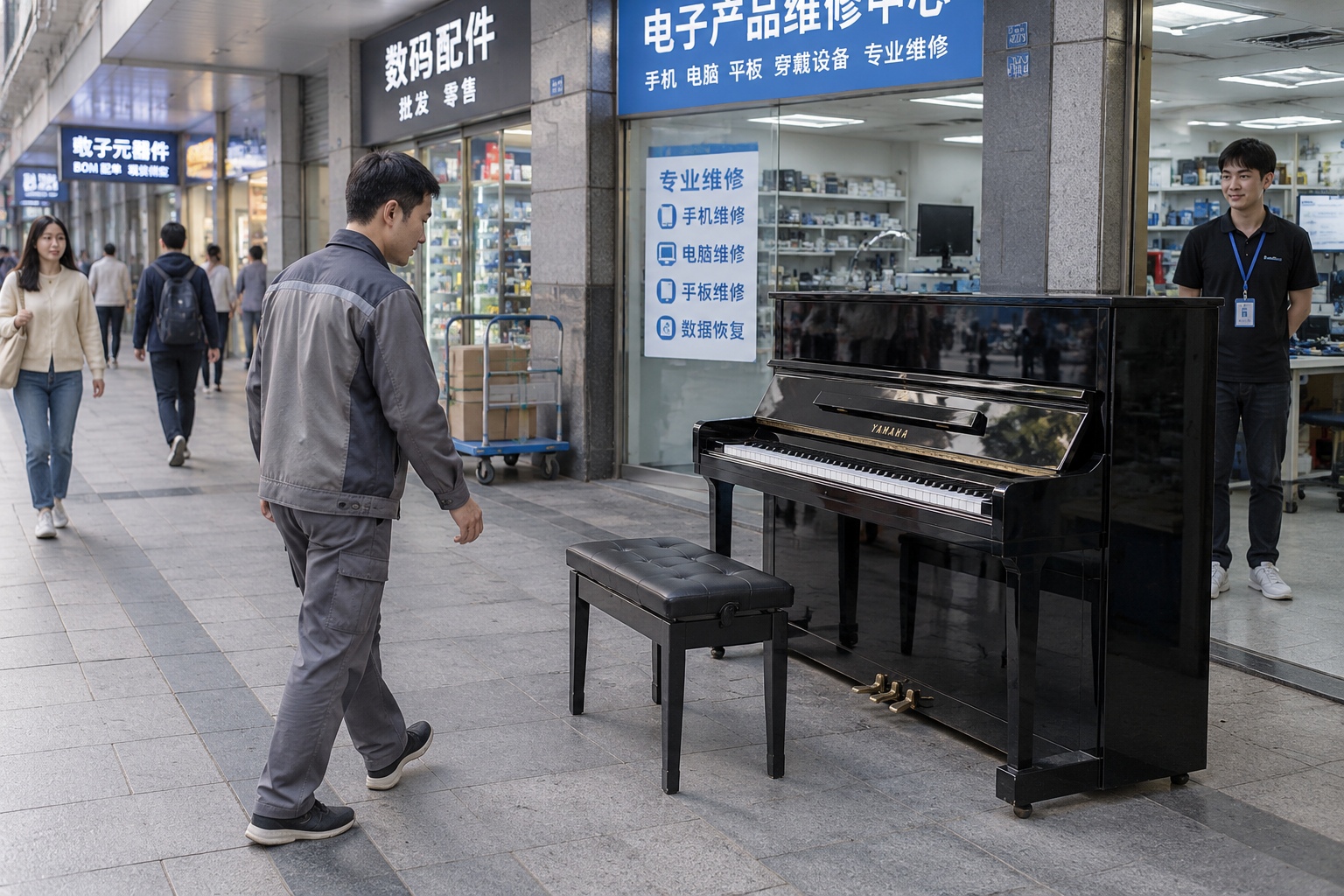 Illustration of a worker approaching a public piano beside electronics shops in a Shenzhen pedestrian district.