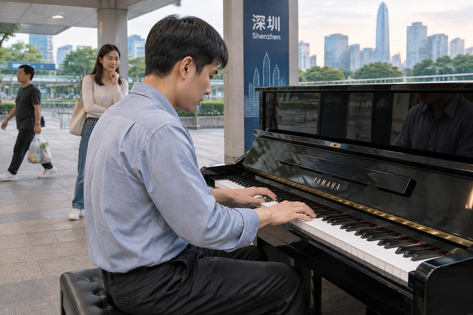 Illustration of a worker playing a public piano in Shenzhen while one passerby listens and another walks past.