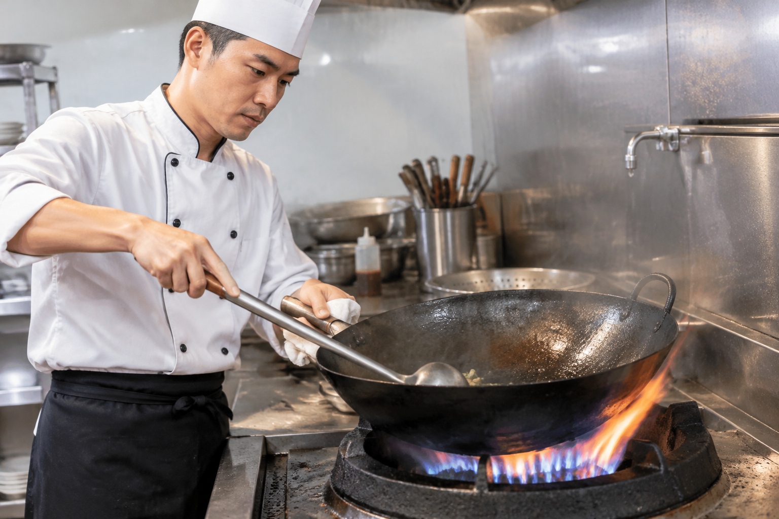 Close-up of a blackened carbon steel wok sitting over the blue-orange flame ring of a high-output commercial burner in a Chinese restaurant kitchen