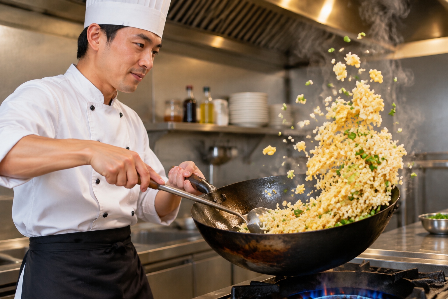 A chef tossing fried rice in a large carbon steel wok, rice grains and steam suspended in mid-air above the pan