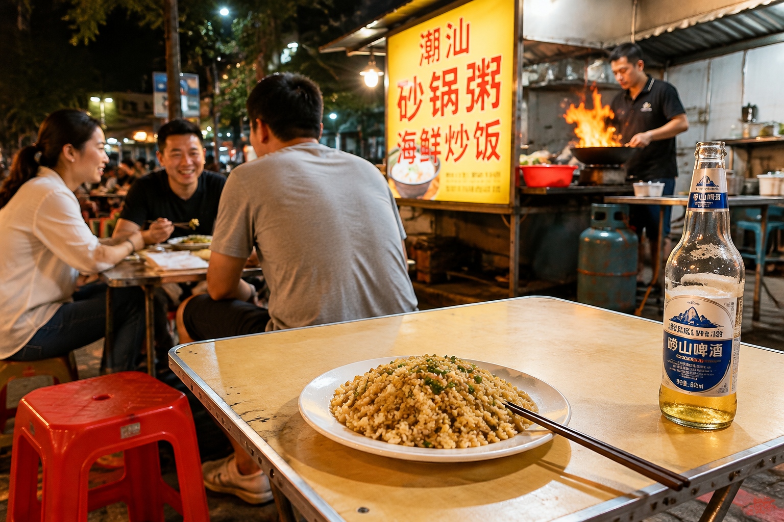 A plate of fried rice on a folding table at a southern Chinese night street stall, with chopsticks and a plastic stool