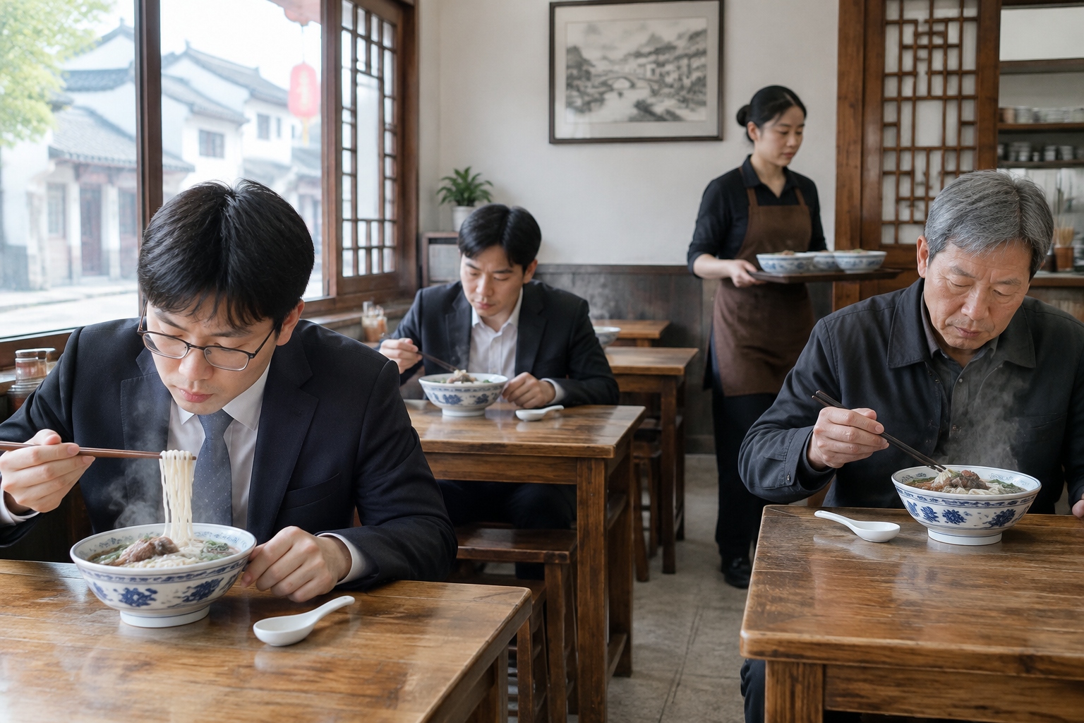 Suzhou noodle shop at 7am with customers quietly eating bowls of pork noodles and steam rising from the tables