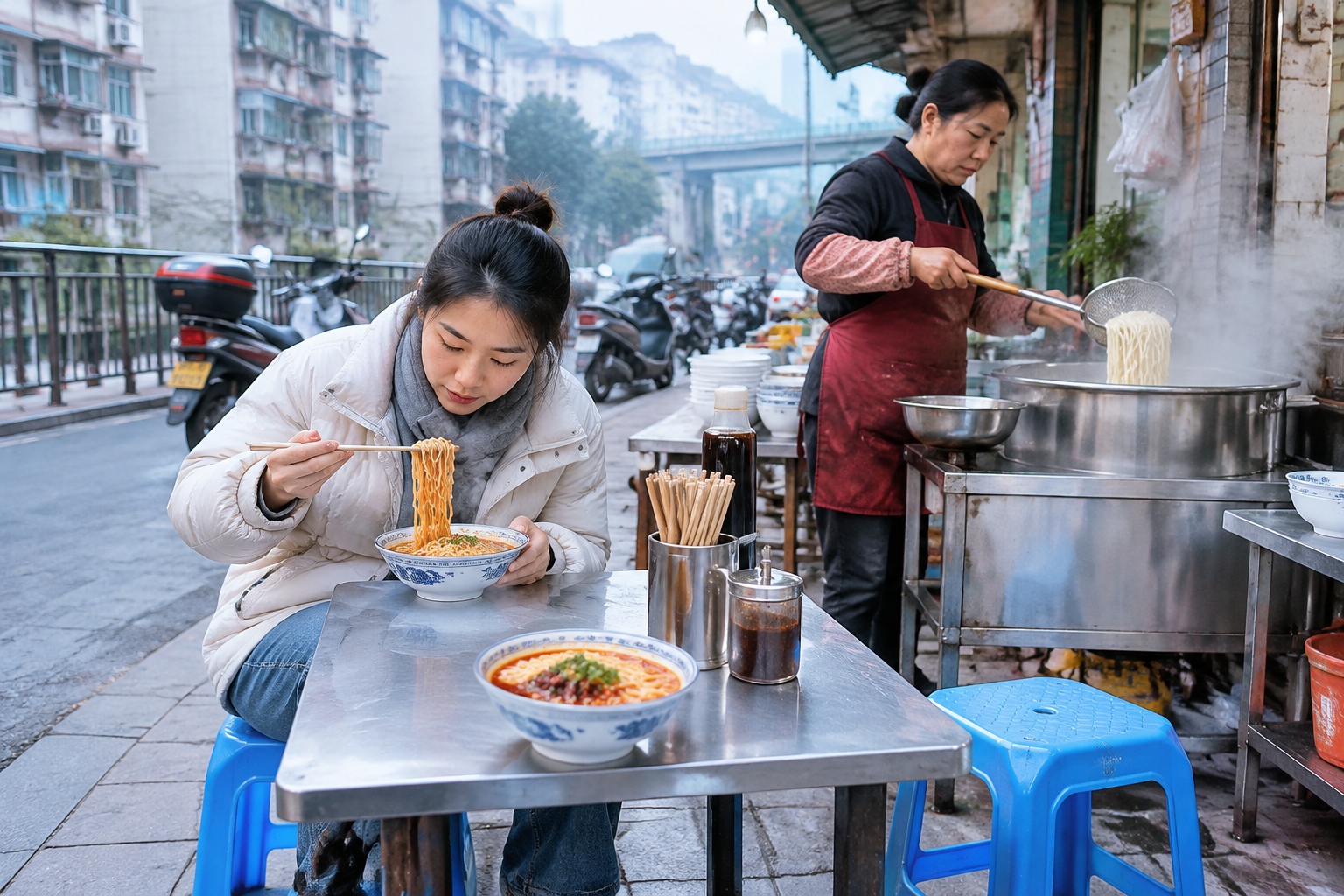 Chongqing sidewalk noodle stall at dawn with bowls of chili-oil noodles on low plastic stools and a vendor serving behind the steam