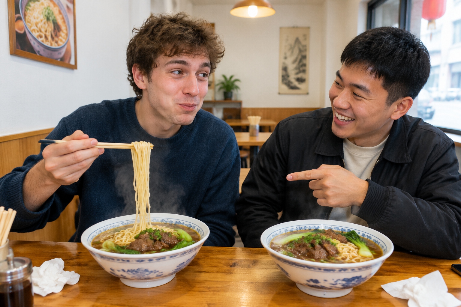 A foreign visitor learning to slurp noodles in a small Chinese restaurant while a local friend laughs beside bowls of steaming beef noodles