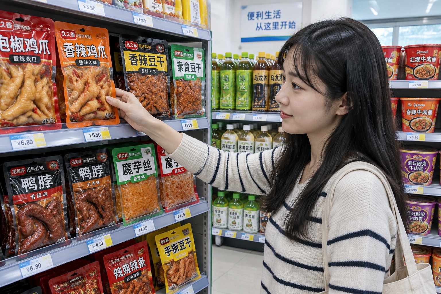 Shelf of vacuum-sealed chicken feet and other packaged snacks in a Chinese convenience store aisle