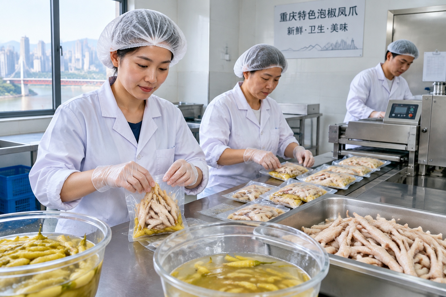 Workers packing pickled chicken feet into vacuum-sealed bags in a small Chinese food workshop