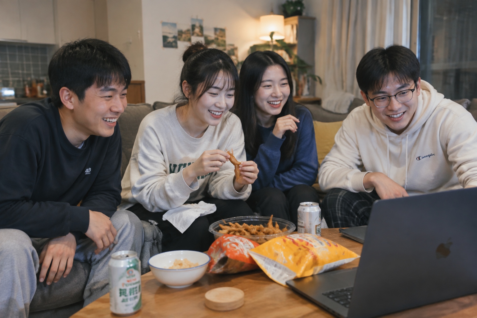 Young Chinese friends sharing bags of snacks on a sofa while watching a movie at home