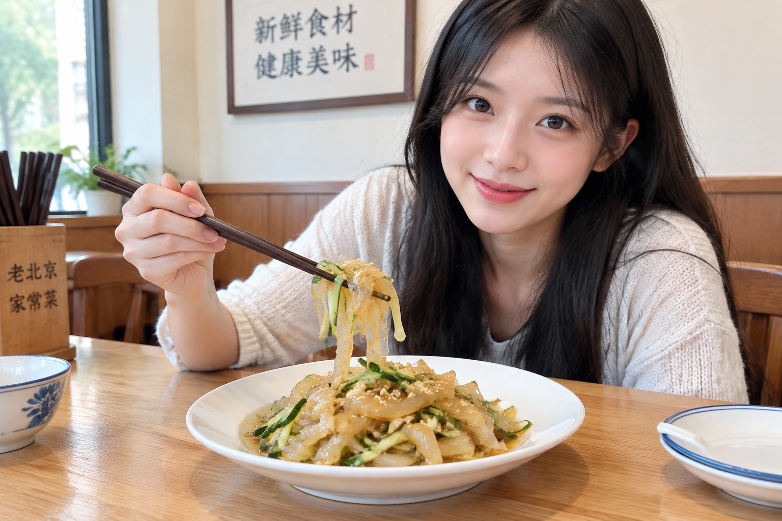 A plate of cold shredded jellyfish salad with cucumber and sesame oil served as an appetizer in a Chinese restaurant