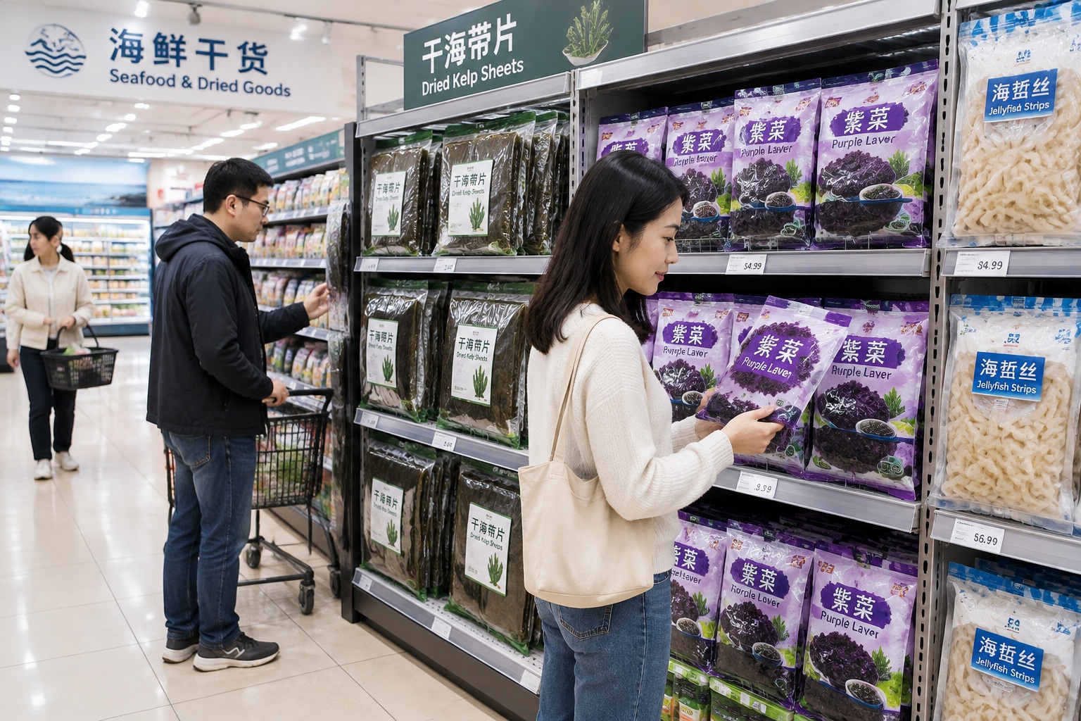 Dried kelp, purple laver seaweed, and packaged jellyfish strips for sale on shelves in a Chinese supermarket