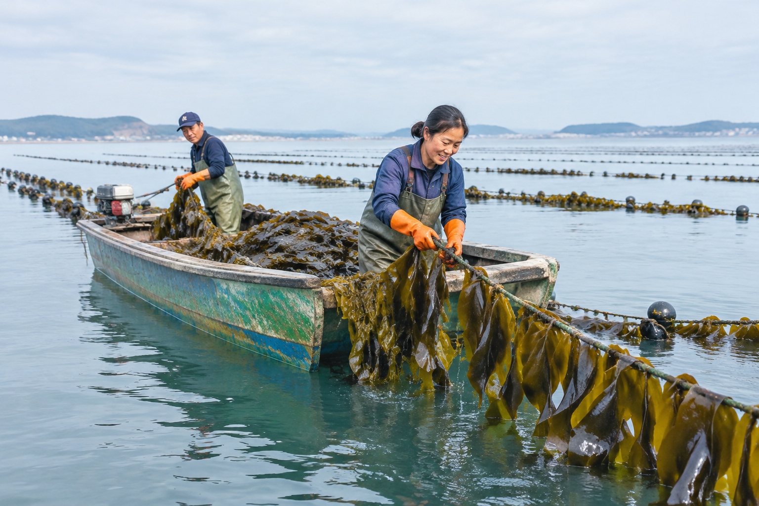 Workers harvesting farmed kelp from rope lines on a coastal aquaculture bay in northern China