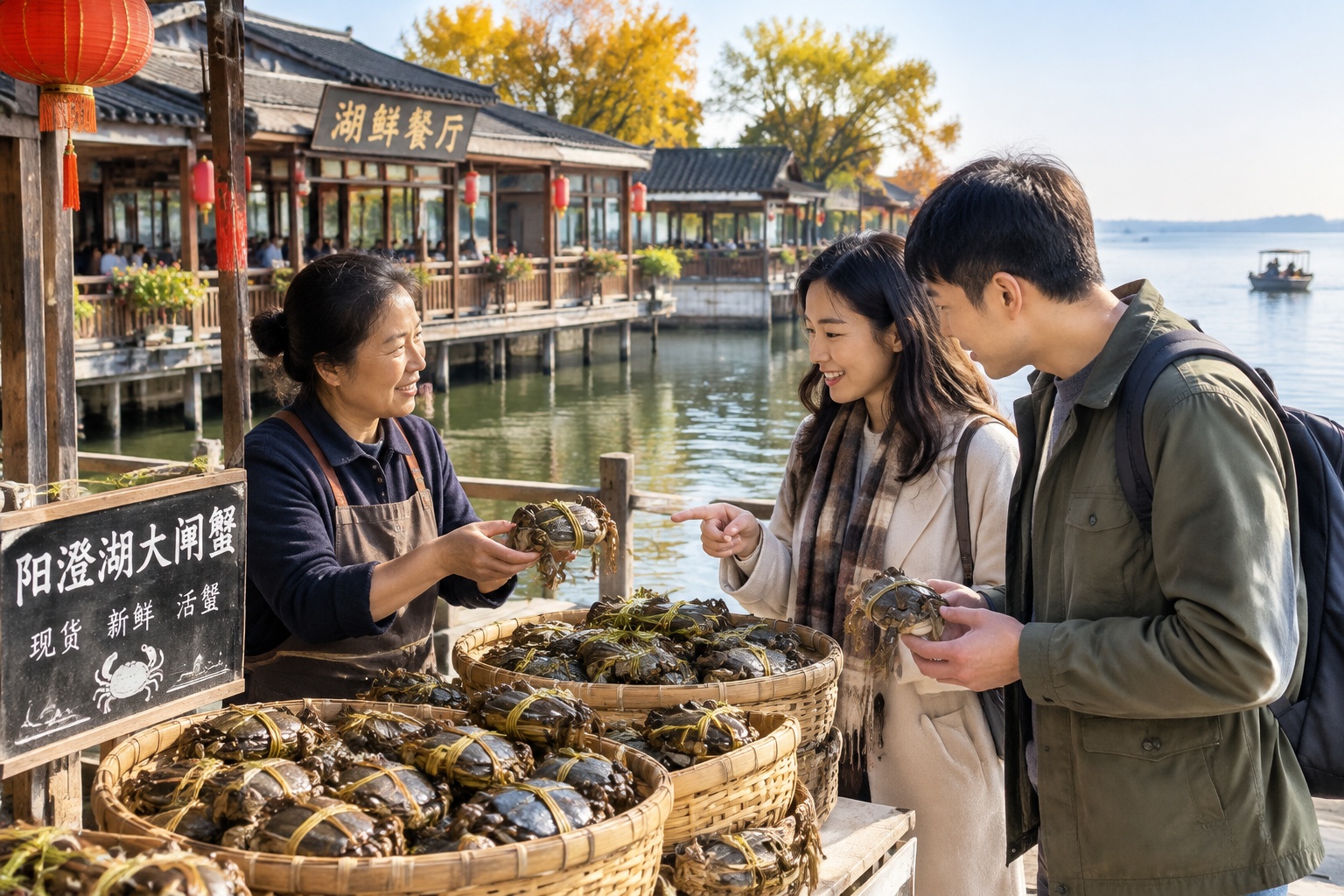 Live hairy crabs tied with reed rope stacked at a lakeside vendor stall near Yangcheng Lake during autumn crab season