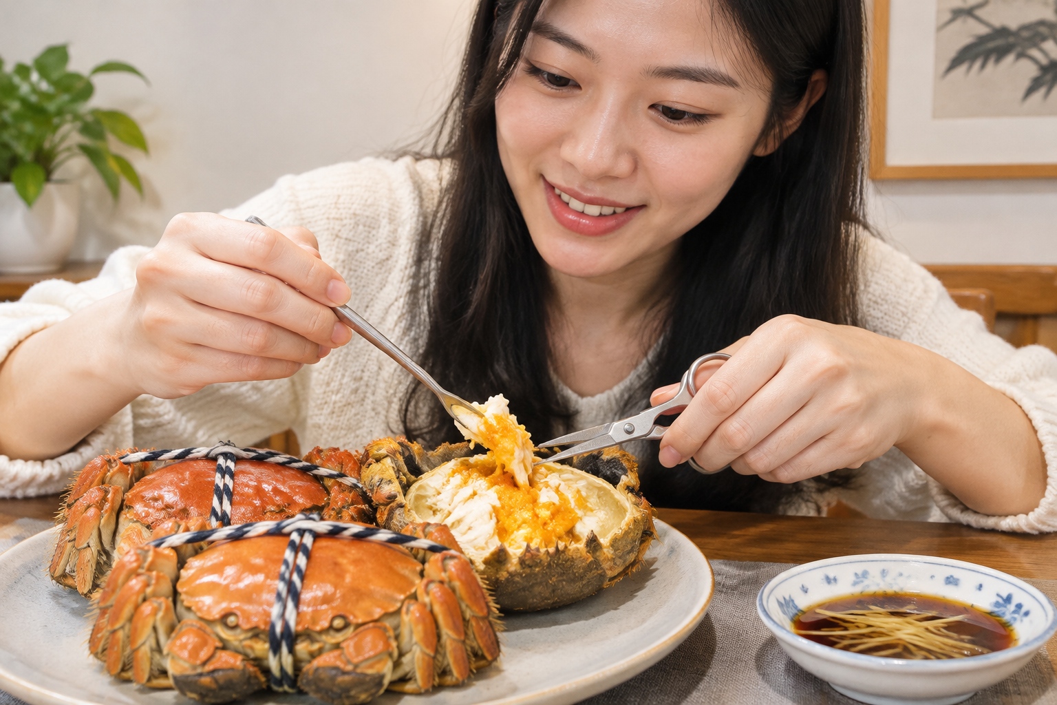 Hands using small tools to extract orange roe and meat from a steamed hairy crab at a dinner table