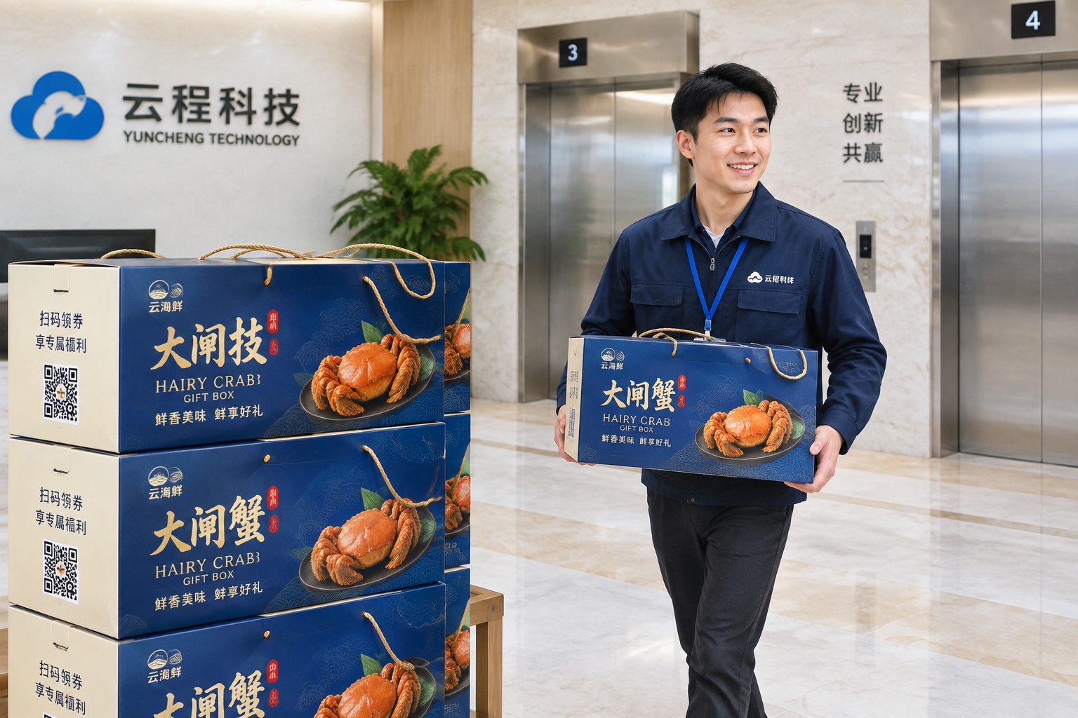 Branded hairy crab gift boxes stacked in a Chinese office lobby during autumn gifting season