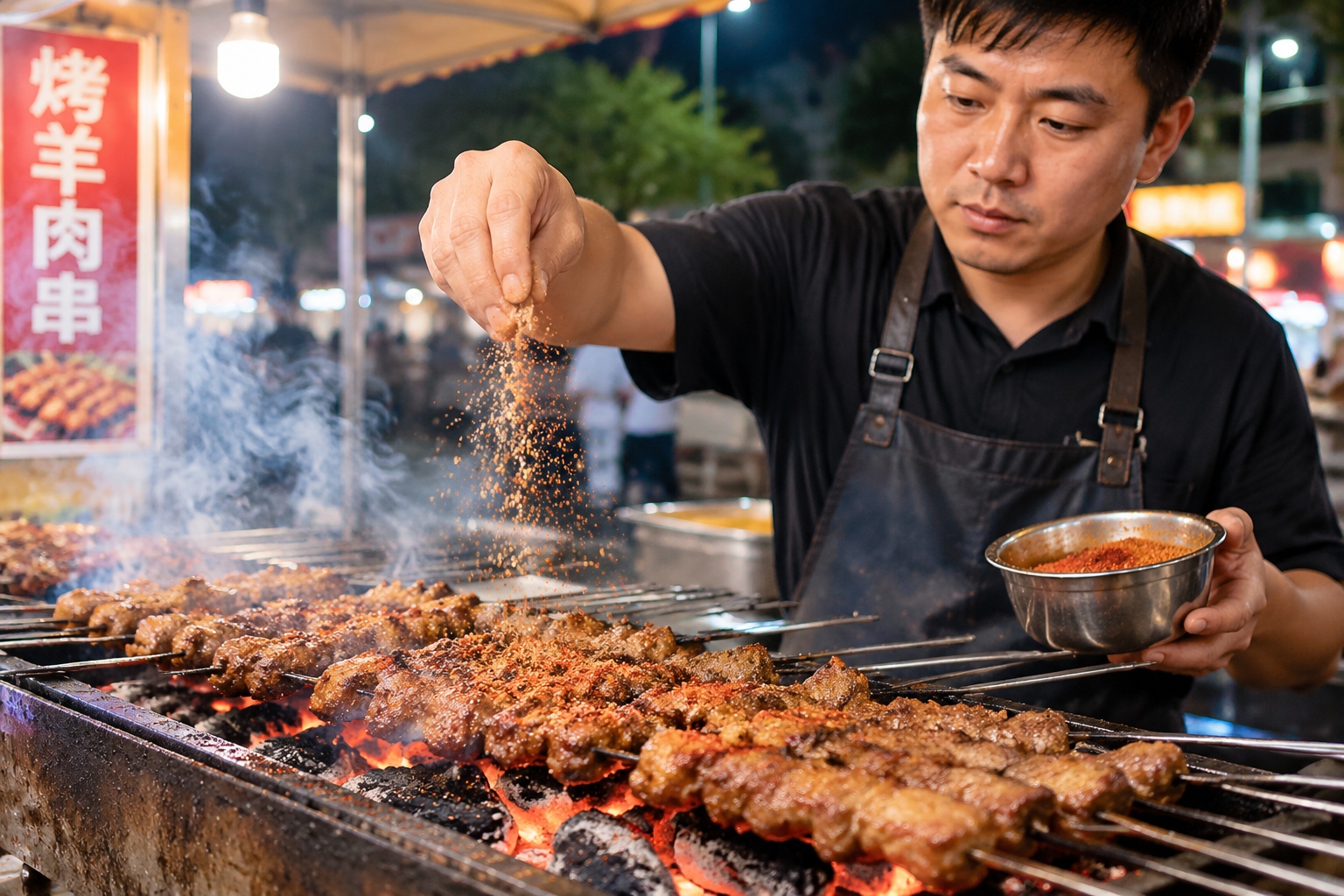 Lamb skewers on a charcoal grill at a Chinese night market stall while a cook sprinkles cumin over the meat