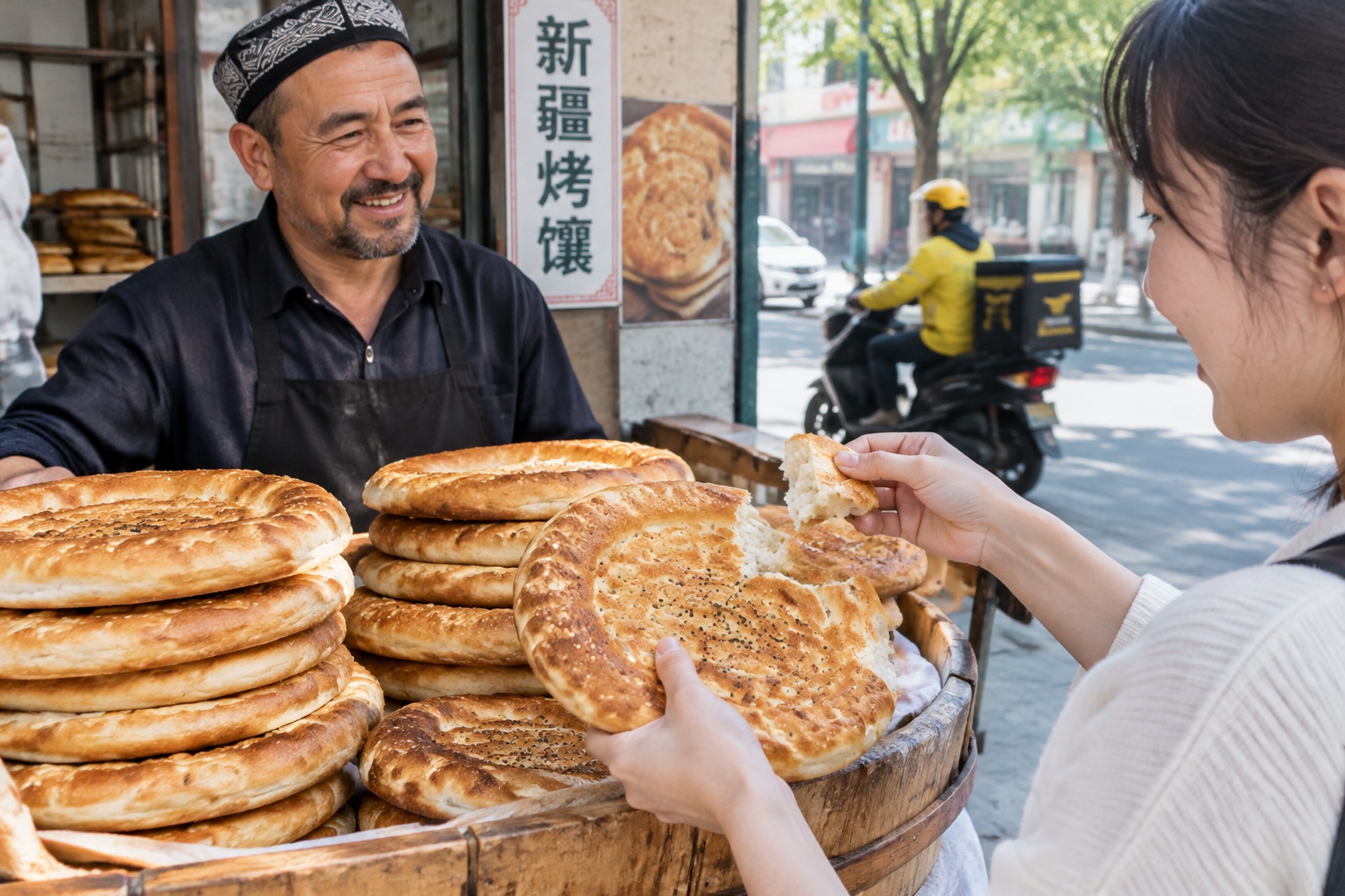 Stacks of round Xinjiang naan flatbread sold at a street stall as a customer tears off a piece