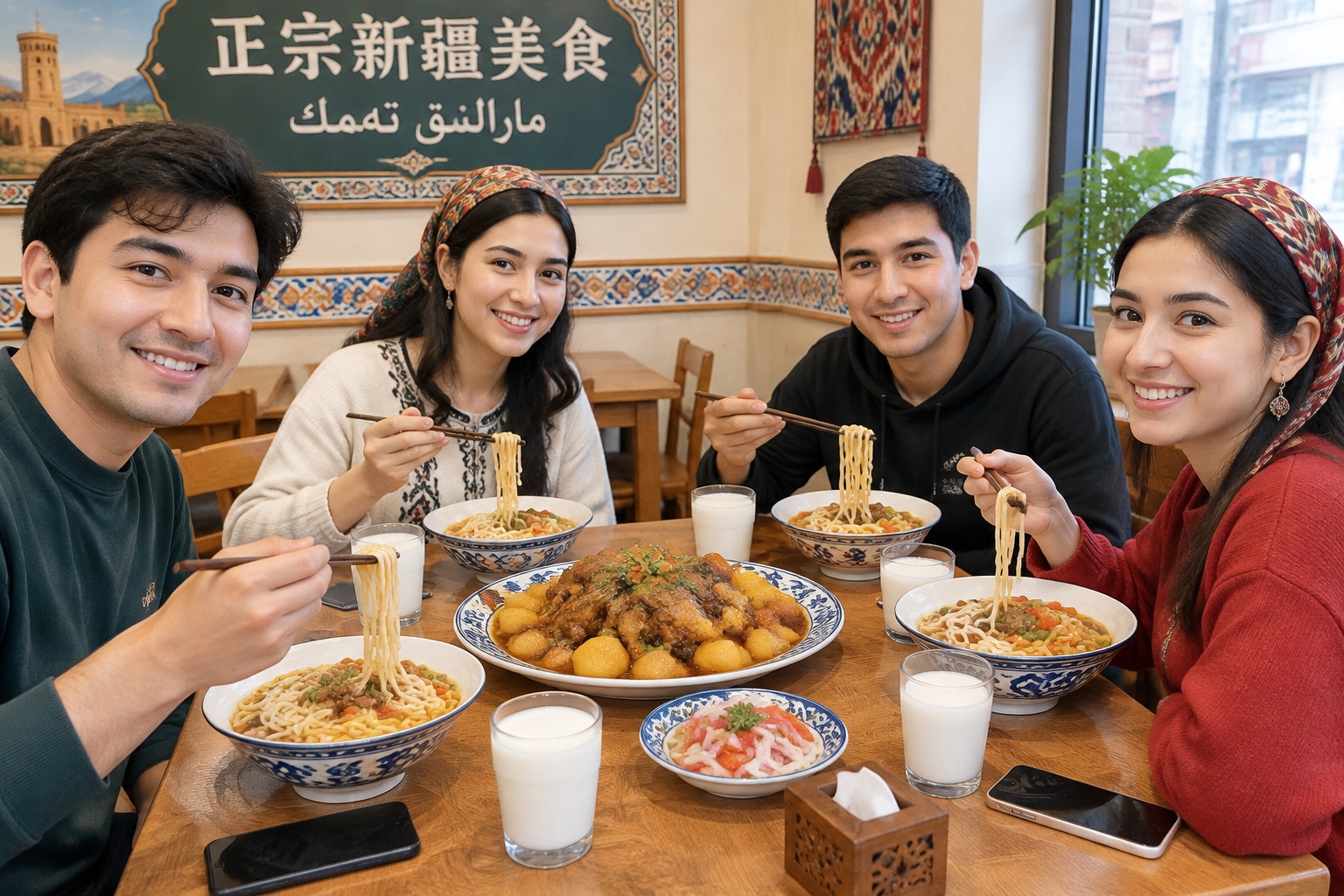 Friends sharing hand-pulled noodles and big plate chicken at a Uyghur restaurant table in China