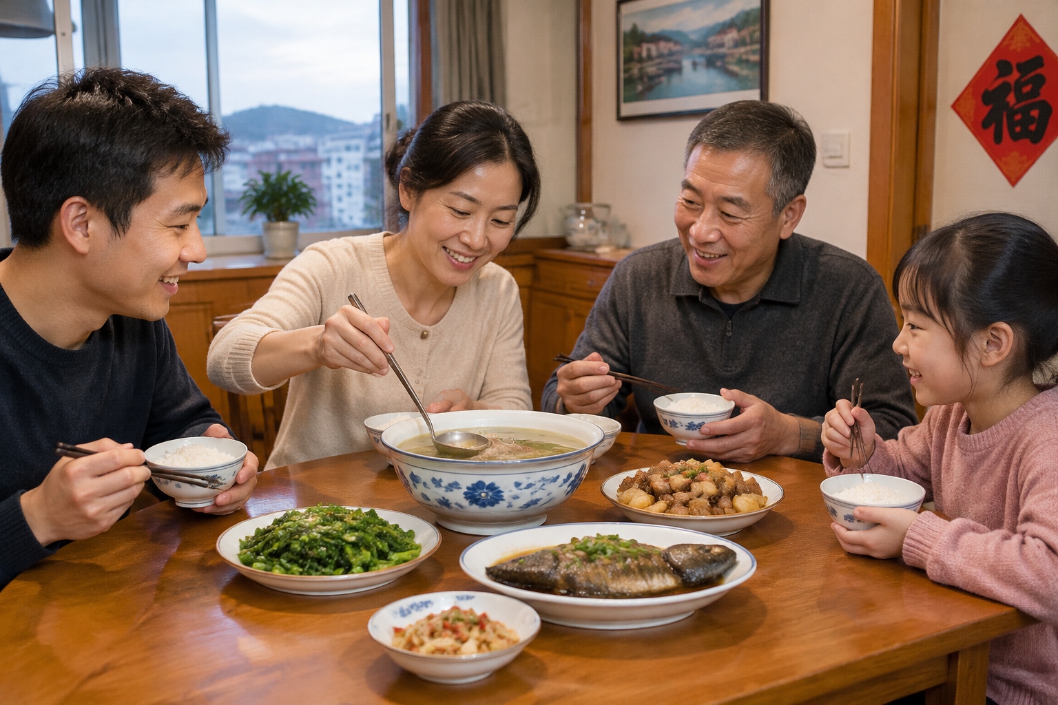 A Fujian family dinner table with a bowl of clear soup placed at the center before other dishes