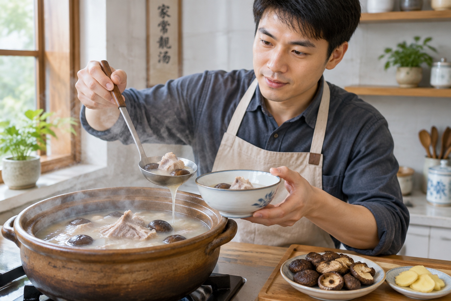 A cook ladling long-simmered cloudy broth from a clay pot in a steamy Fujian kitchen