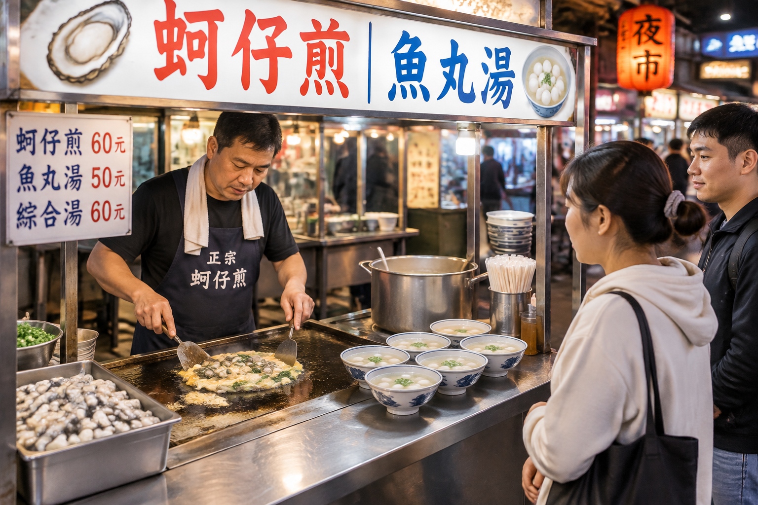 A Fujian night-market stall serving oyster omelet and fish ball soup to waiting customers