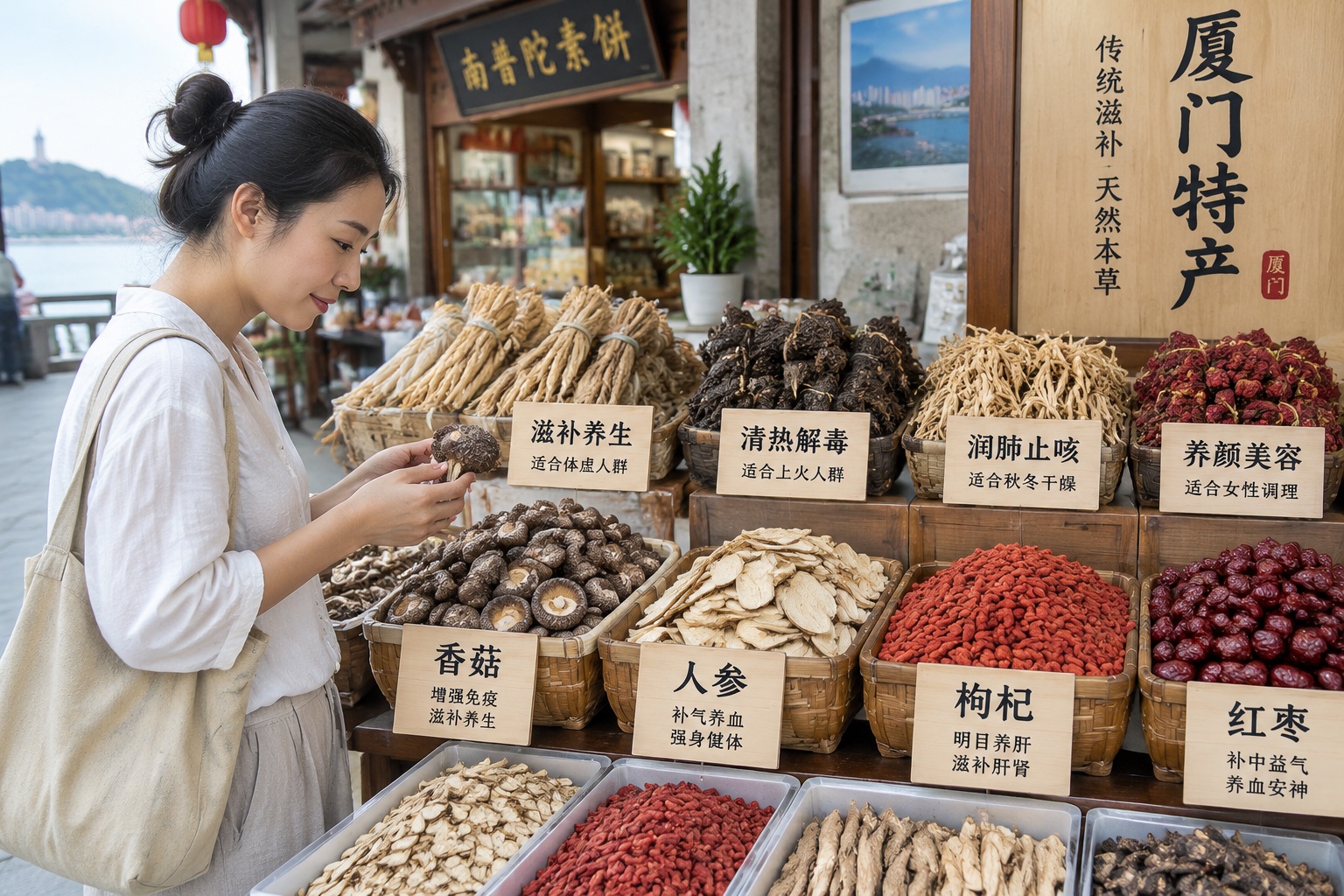 A Fujian market stall selling dried mushrooms, herbs and roots used for nourishing tonic soups