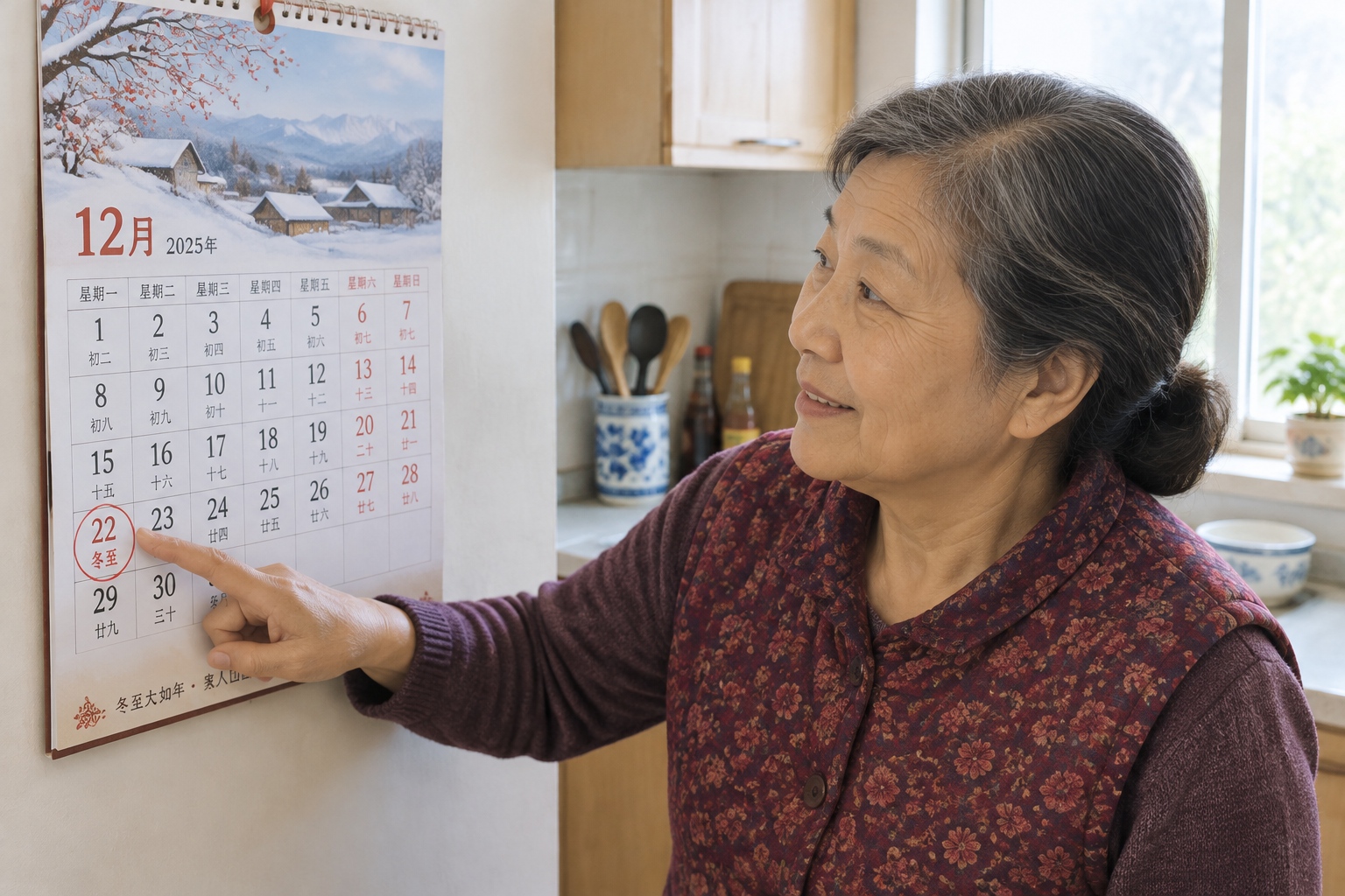 An elderly woman pointing to the Winter Solstice date on a paper calendar hanging in a Chinese kitchen