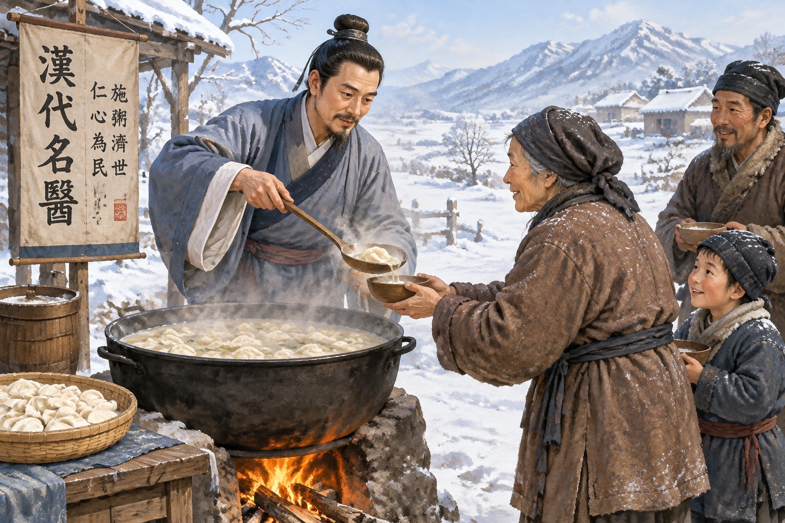 Illustration of ancient physician Zhang Zhongjing serving ear-shaped dumplings and broth to villagers in a cold winter, the legend behind Winter Solstice dumplings