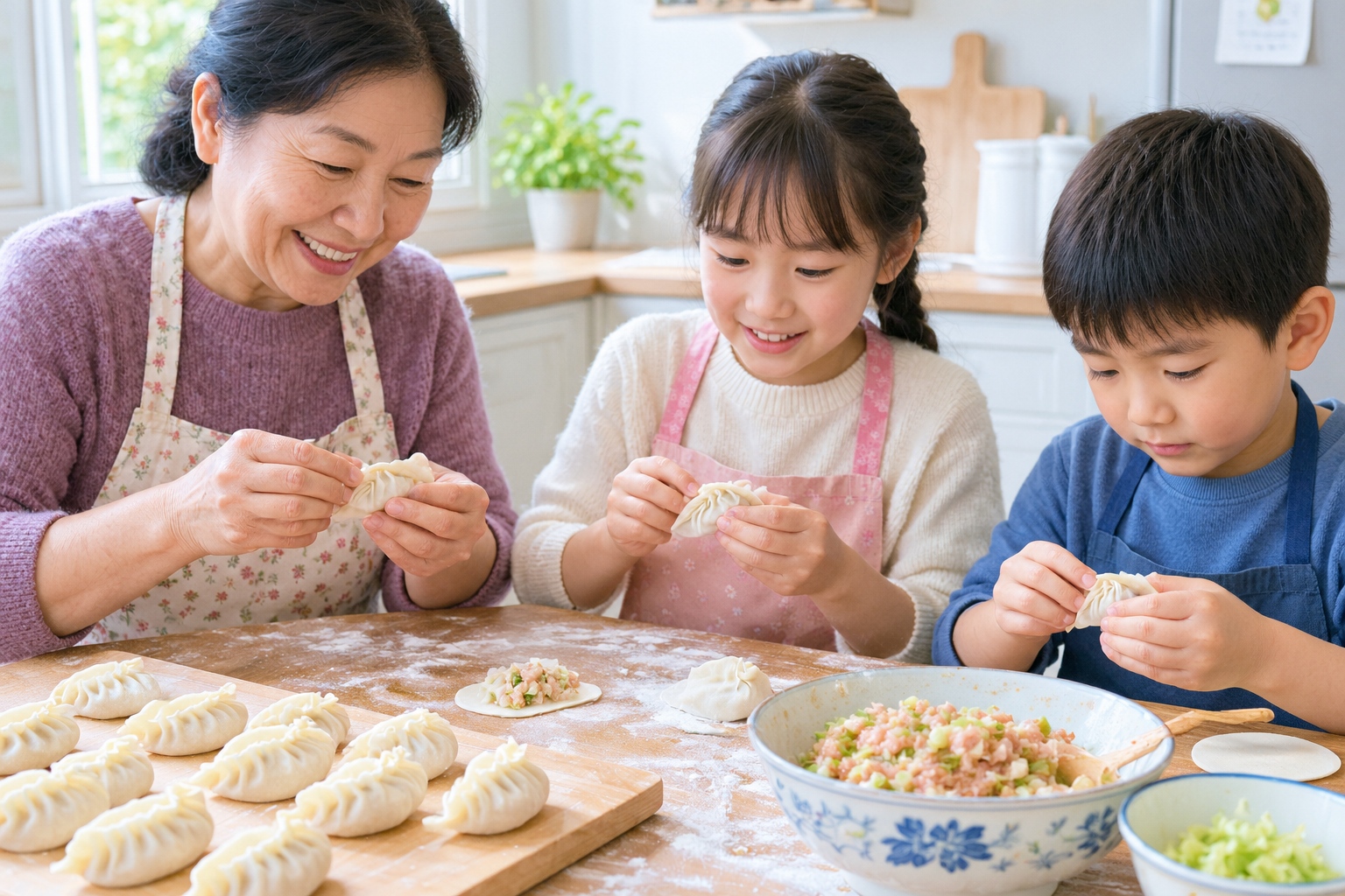 Several family members' hands folding dumplings at different skill levels around a floured kitchen table with bowls of filling