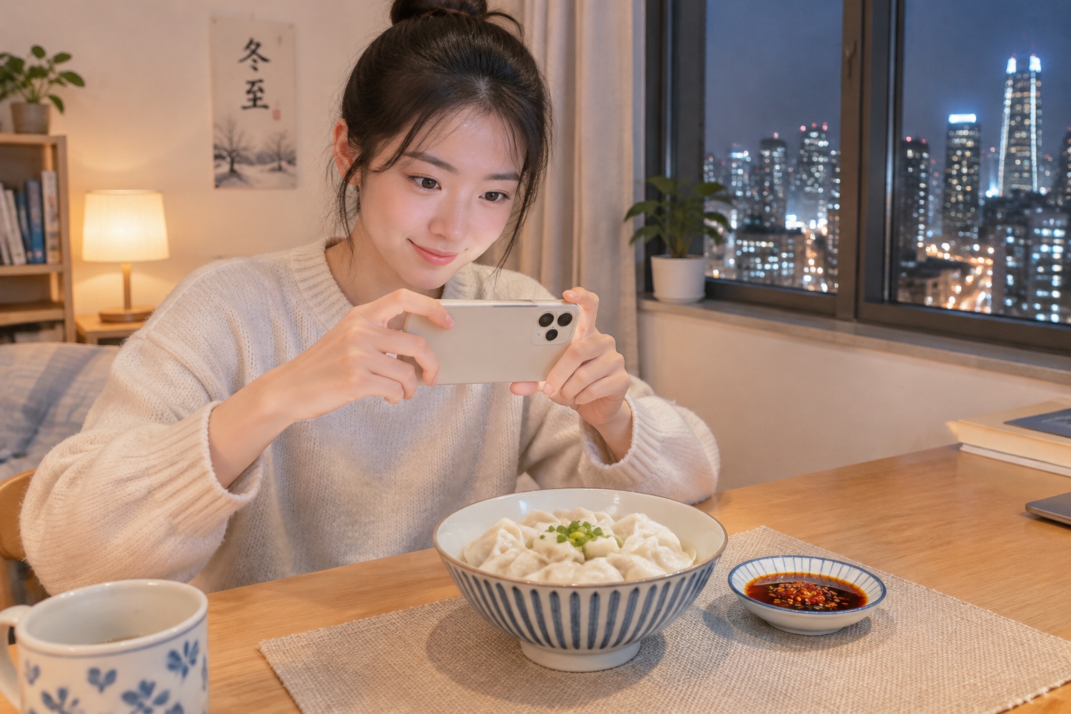 A young person photographing a bowl of boiled dumplings with vinegar dip in a small city apartment on Winter Solstice night