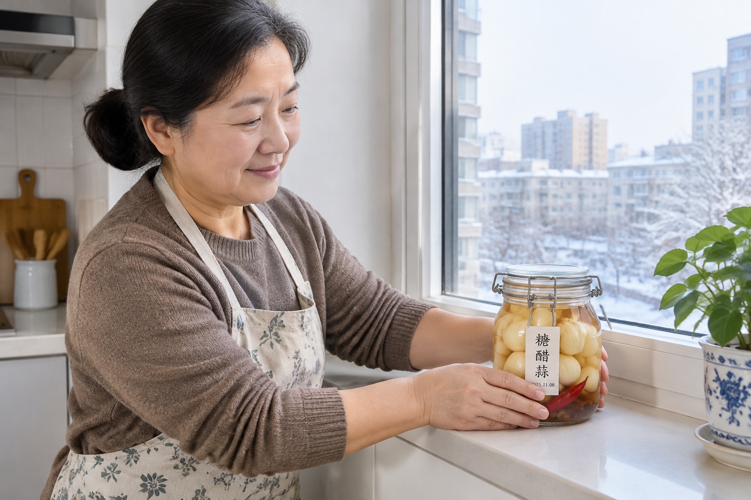 Hands placing a jar of garlic soaking in vinegar on a cold Beijing kitchen windowsill in winter