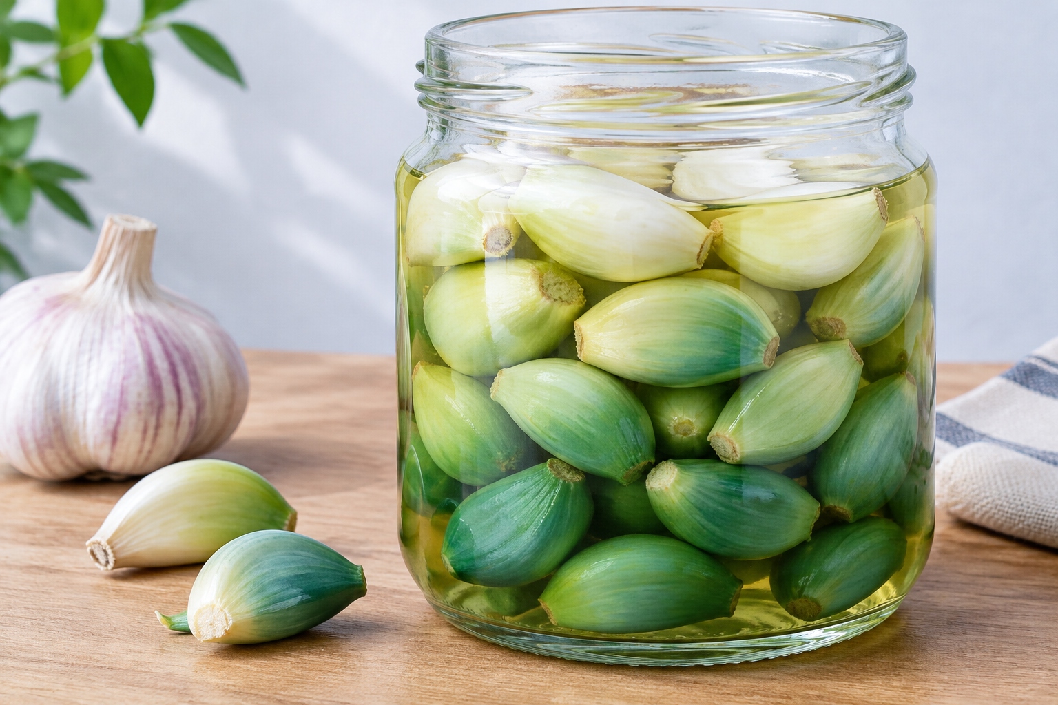 Garlic cloves in vinegar turning from white to emerald green inside a glass jar during the cold winter