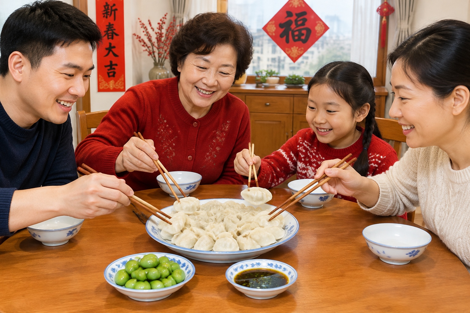 A plate of boiled dumplings served with emerald green laba garlic and vinegar on a northern Chinese New Year table