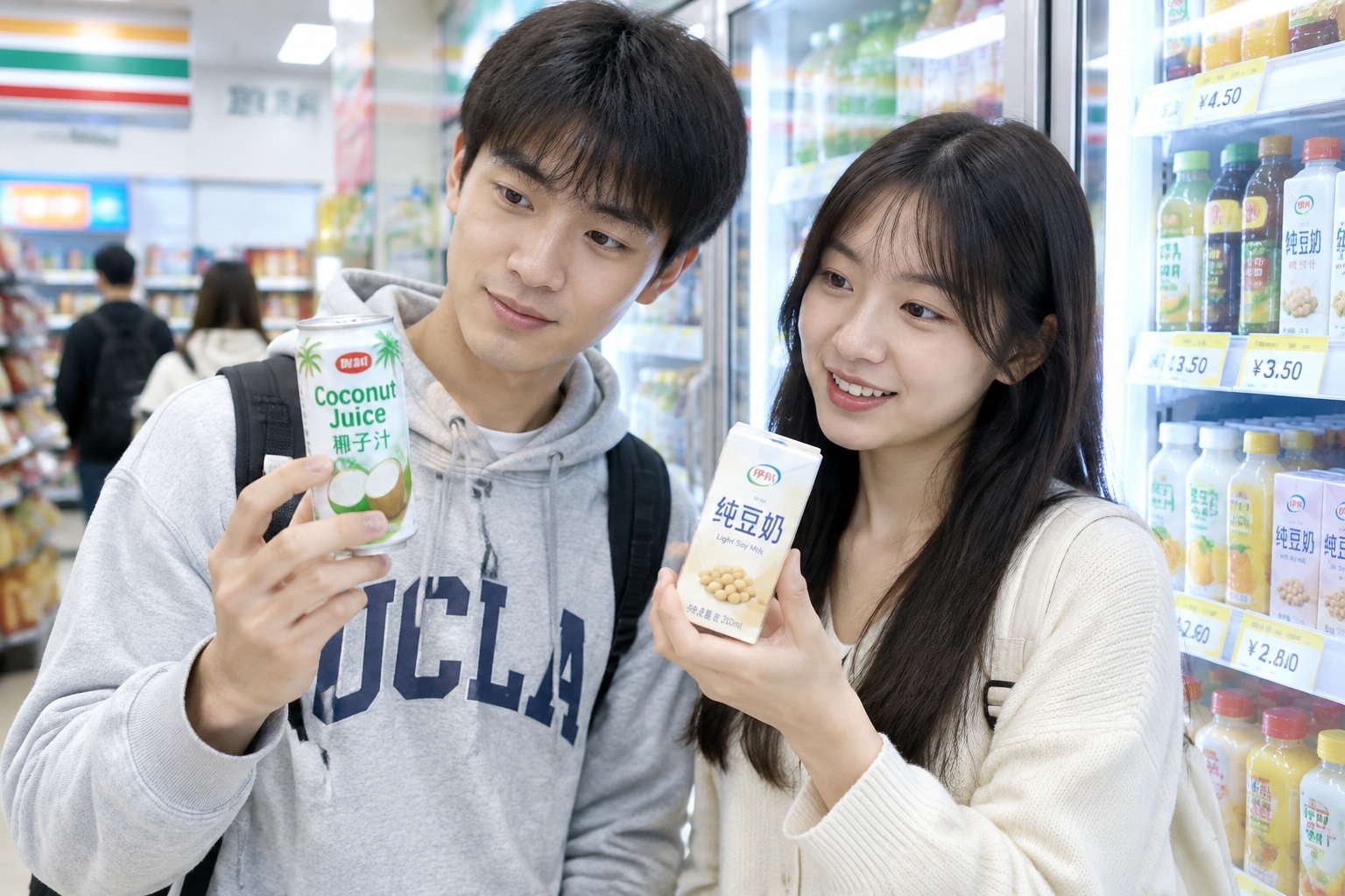 Two Chinese university students comparing a retro coconut juice can and a carton of soy milk in front of a convenience store drinks fridge.