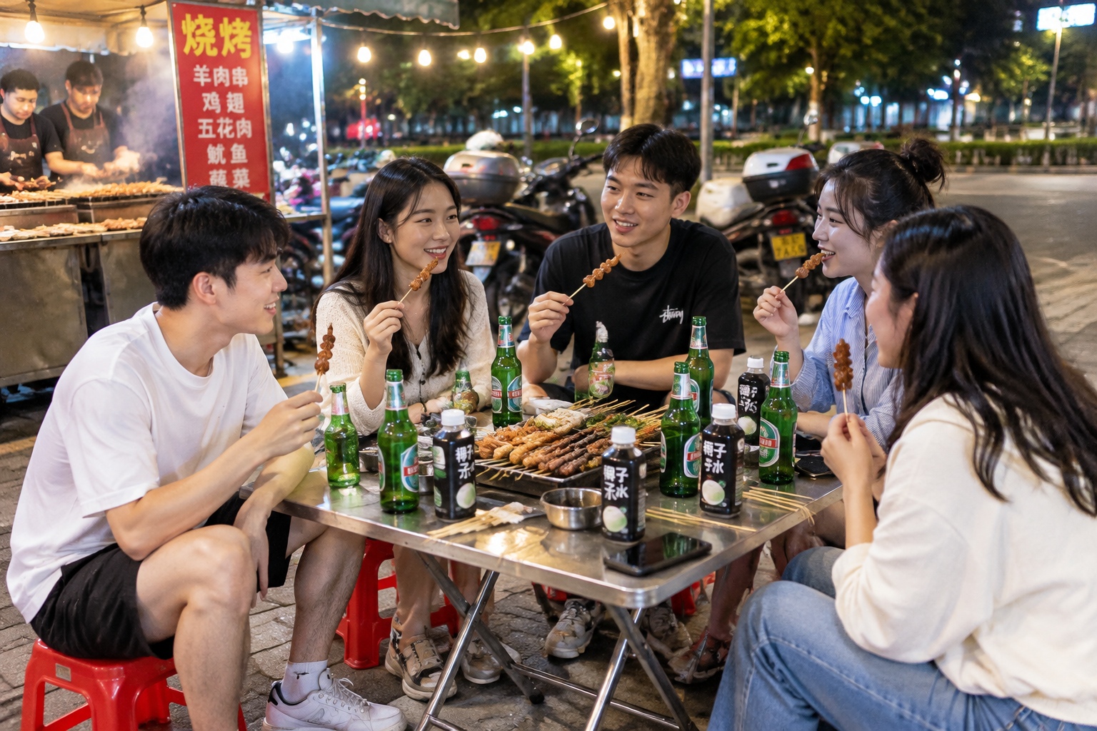 Friends eating skewers at a night-time street barbecue stall in southern China with bottles of coconut juice and beer on the table.