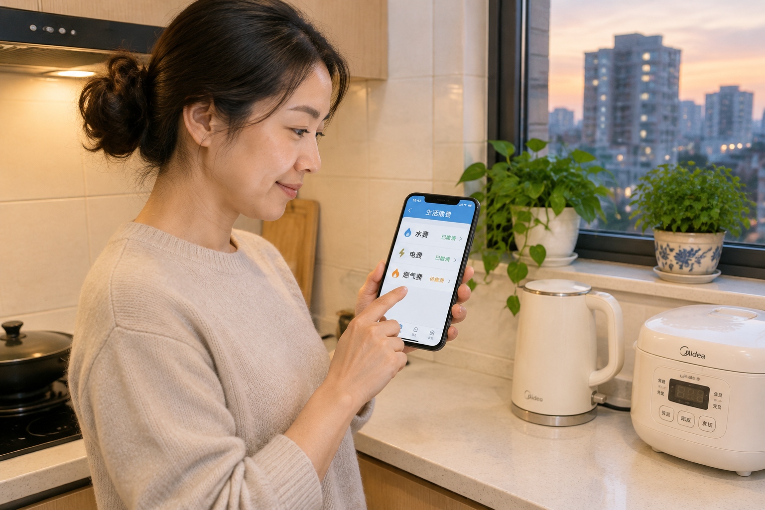Woman checking a household electricity bill on a phone app in a small Chinese apartment kitchen in the evening