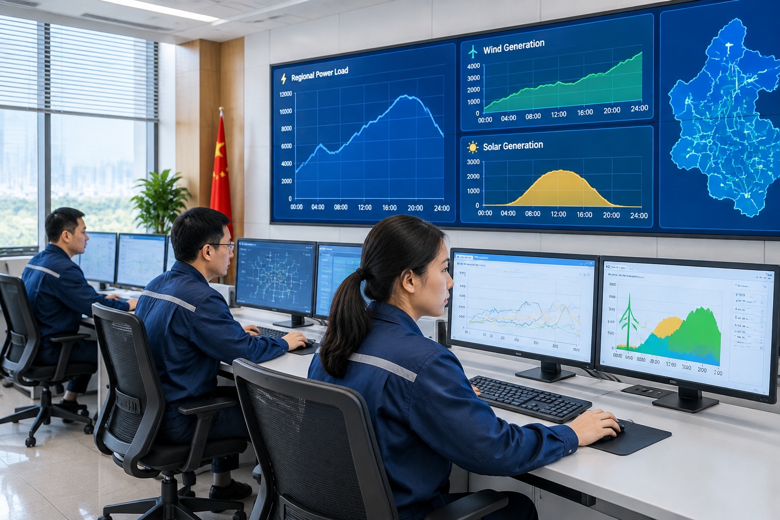 Grid operators monitoring regional electricity demand and wind and solar output on a control room display in China