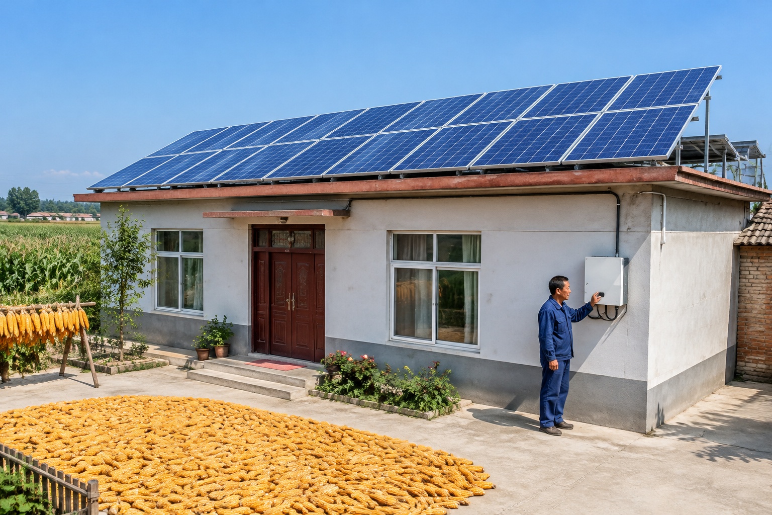 Rooftop solar panels on a rural house in Shandong province with the owner checking the inverter