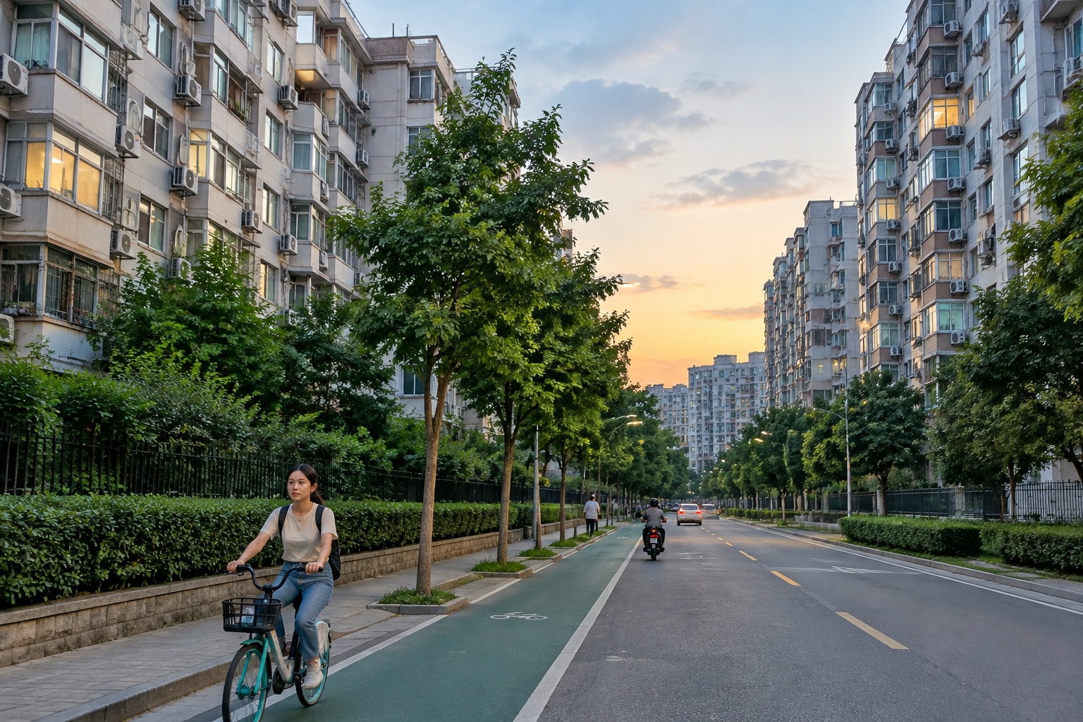 Apartment towers in a Chinese city at dusk with air conditioning units covering the building facades