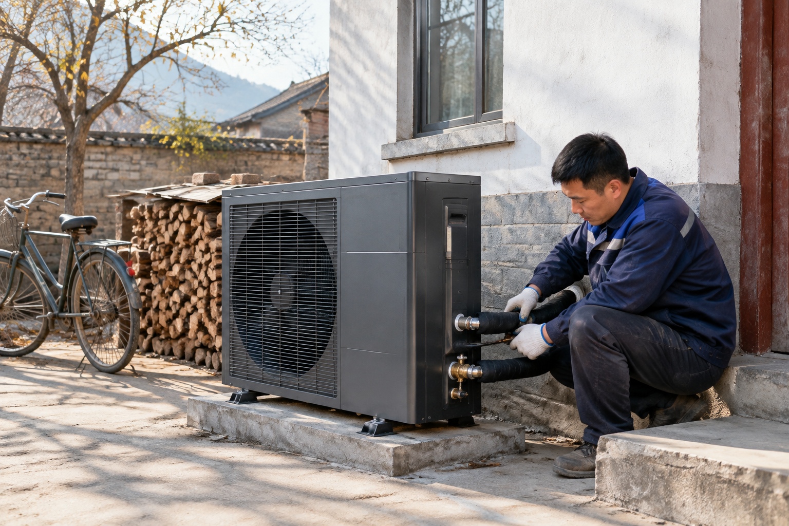 Technician installing an air-source heat pump on the exterior wall of a village house in northern China