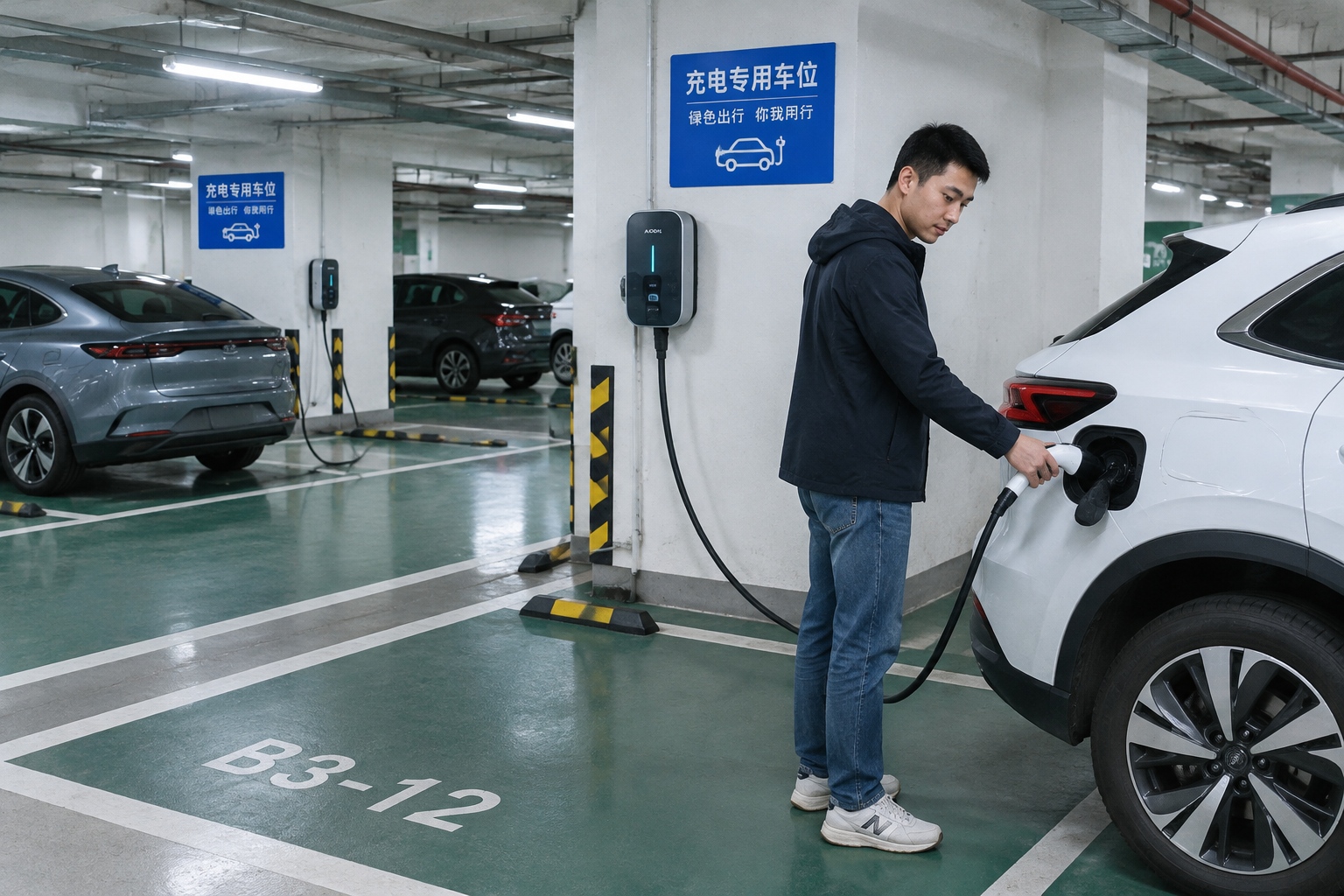 Electric car owners charging their vehicles overnight in an underground residential garage in China